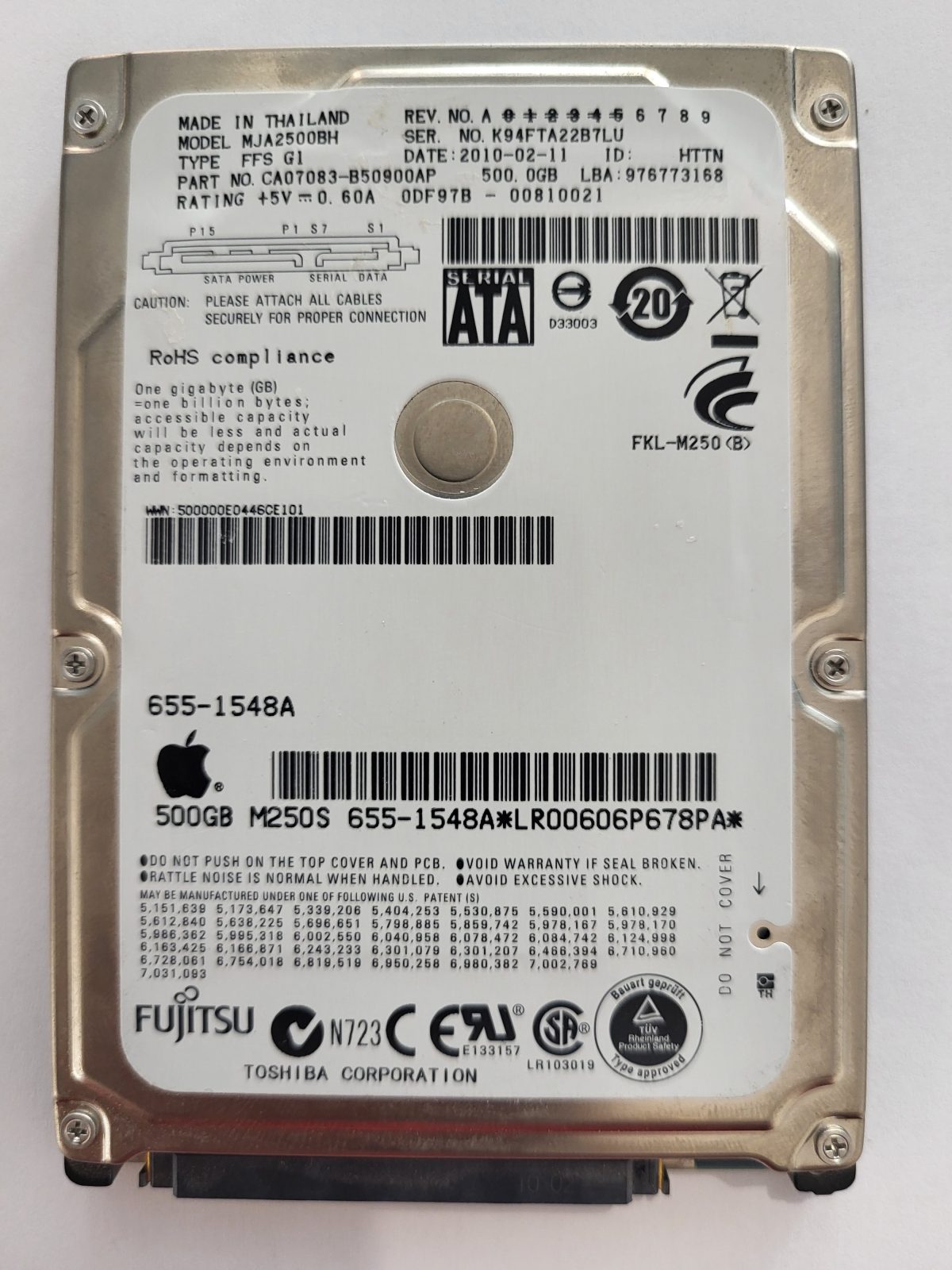 MJA2500BH FFS G1, PN:CA07083-B50900AP, FW:0DF97B-00810021, 11 FEB 2010 | Fujitsu 500Go 2,5" SATA HDD STK