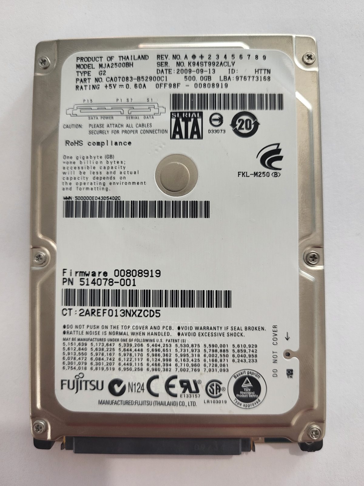 MJA2500BH G2, PN:CA07083-B52900C1, FW:0FF98F-00808919, 13 SEP 2009 | Fujitsu 500Go 2,5" SATA HDD STK