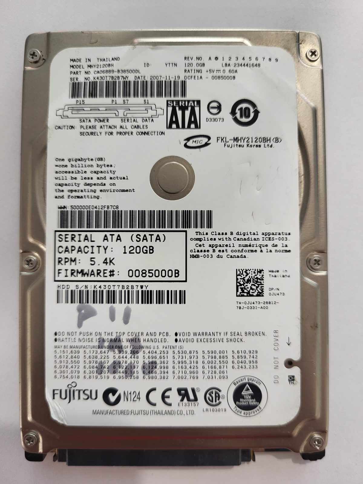 MHY2120BH, PN:CA06889-B38500DL, FW:0CFE1A-0085000B, 19 NOV 2007 | Fujitsu 120Go 2,5" SATA HDD STK