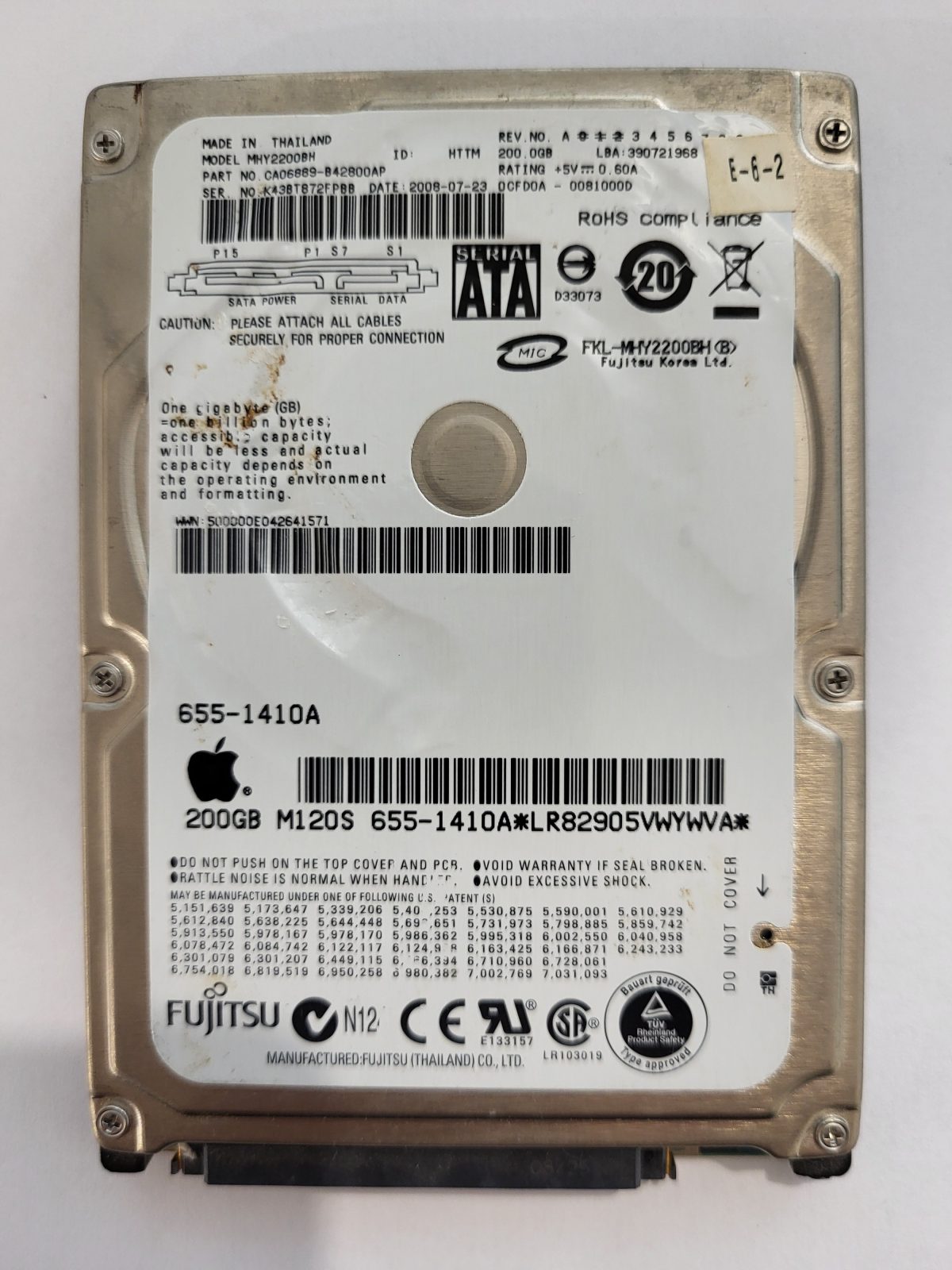 MHY2200BH, PN:CA06889-B42800AP, FW:0CFD0A-0081000D, 23 JUL 2008 | Fujitsu 200Go 2,5" SATA HDD STK