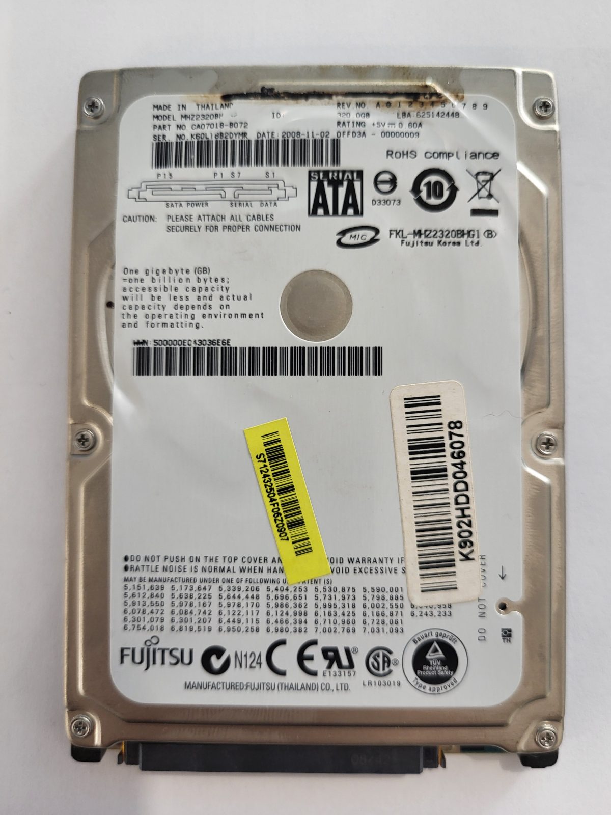 MHZ2320BH G2, PN:CA07018-B072, FW:0FFD3A-00000009, 02 NOV 2008 | Fujitsu 320Go 2,5" SATA HDD STK