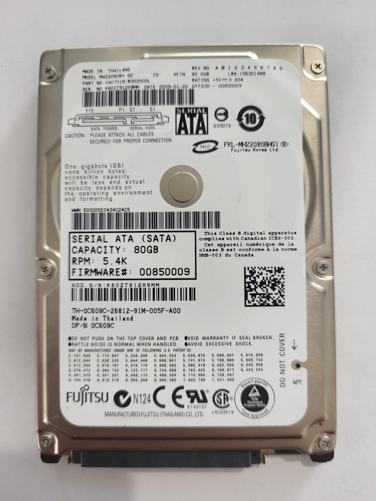 MHZ2080BH G2, PN:CA07018-B30200DL, FW:0FFD3D-00850009, 22 JAN 2009 | Fujitsu 80Go 2,5" SATA HDD STK