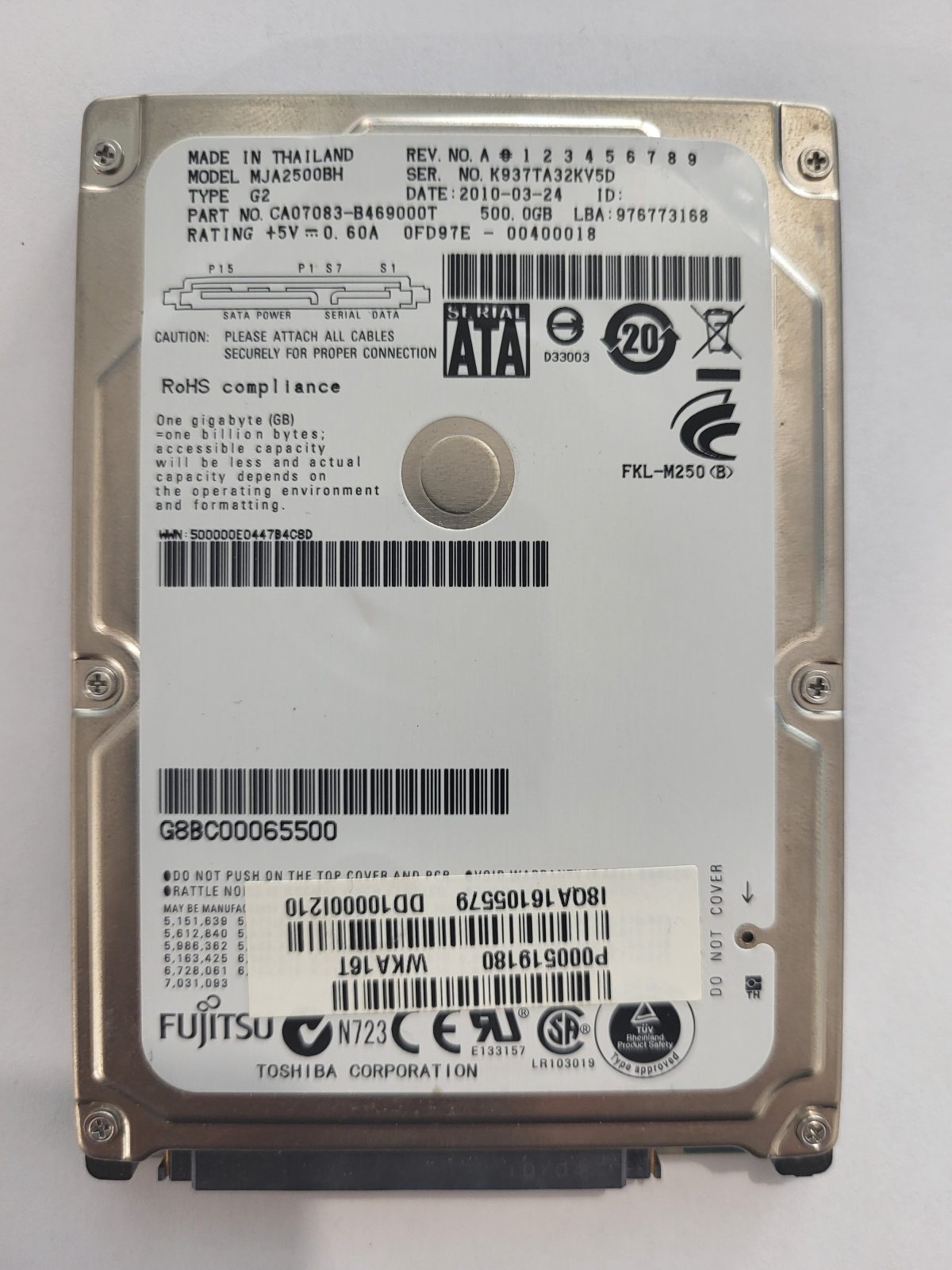 MJA2500BH G2, PN:CA07083-B469000T, FW:0FD97E-00400018, 24 MAR 2010 | Fujitsu 500Go 2,5" SATA HDD STK
