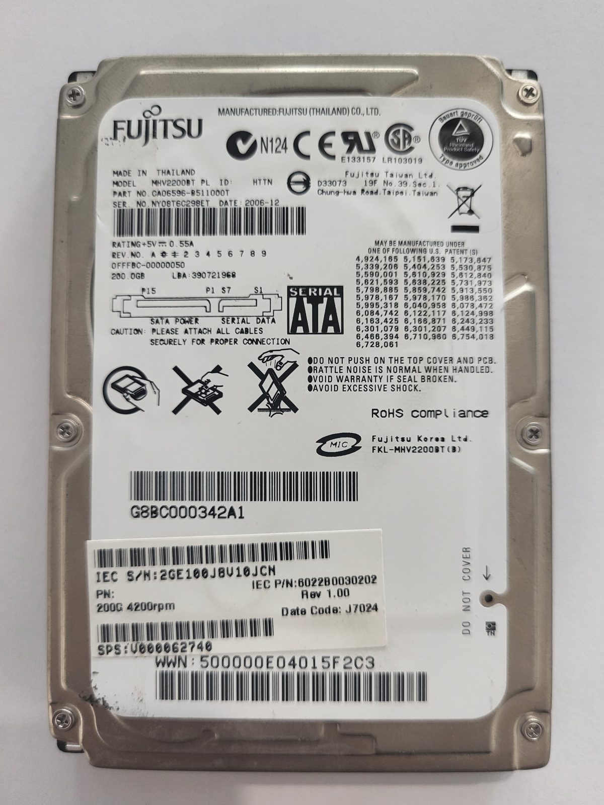 MHV2200BT PL, PN:CA06596-B511000T, FW:0FFFBC-00000050, 2006-12 | Fujitsu 200Go 2,5" PATA HDD STK
