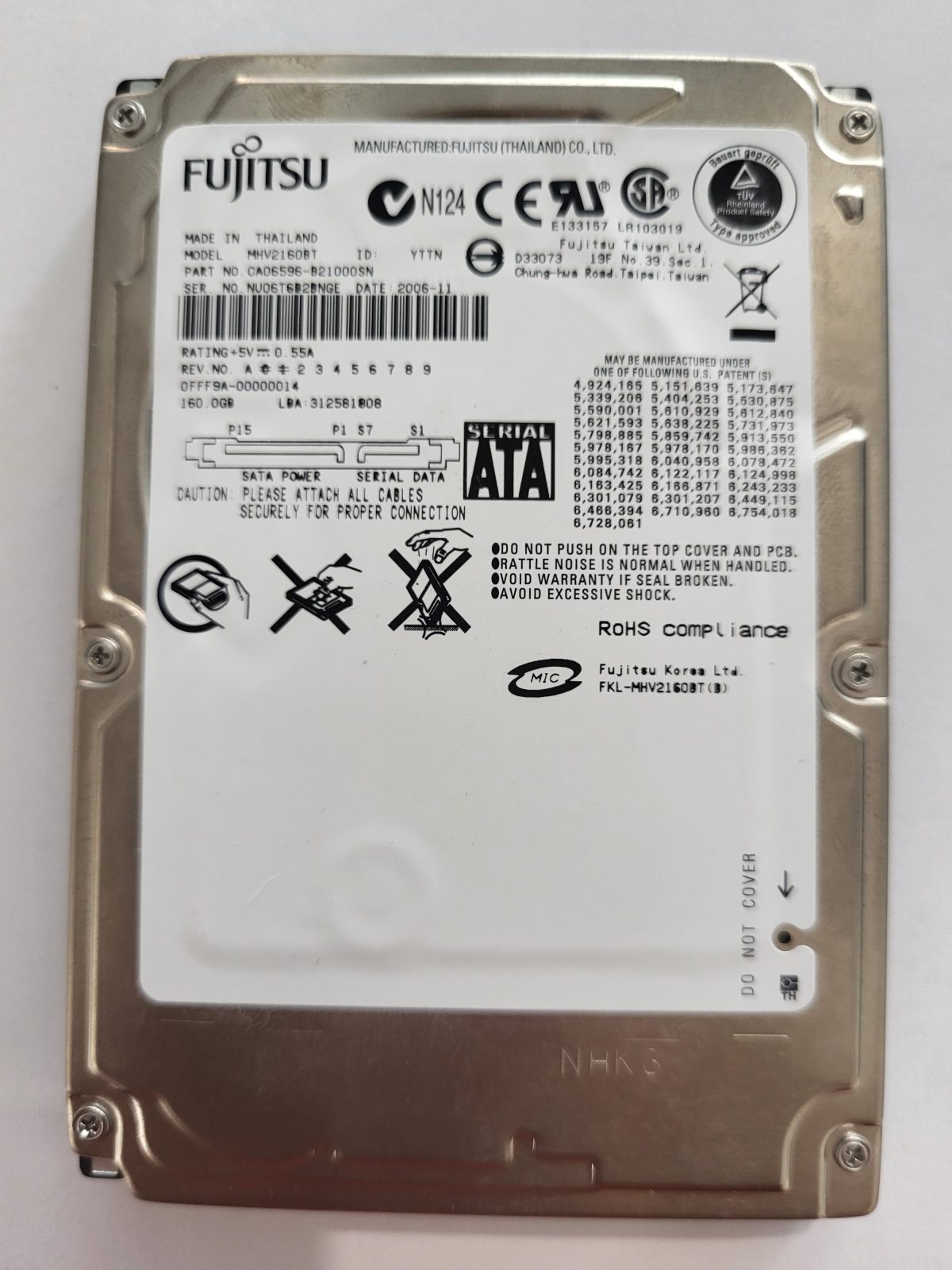 MHV2160BT, PN:CA06596-B21000SN, FW:0FFF9A-00000014, 2006-11 | Fujitsu 160Go 2,5" PATA HDD STK