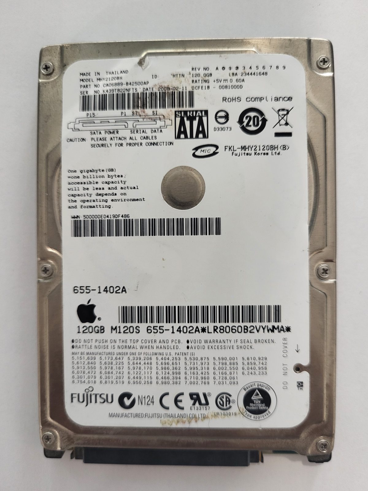 MHY2120BH, PN:CA06889-B42500AP, FW:0CFE1B-0081000D, 11 FEB 2008 | Fujitsu 120Go 2,5" SATA HDD STK