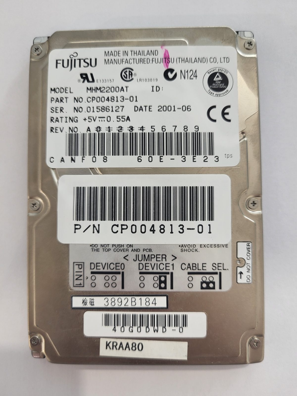 MHM2200AT, PN:CP004813-01, FW:60E-3E23, 2001-06 | Fujitsu 20Go 2,5" PATA HDD STK