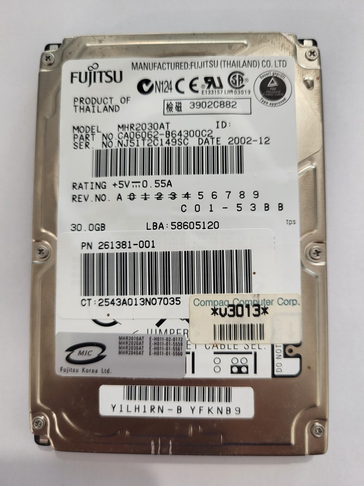 MHR2030AT, PN:CA06062-B64300C2, FW:C01-53BB, 2002-12 | Fujitsu 30Go 2,5" PATA HDD STK