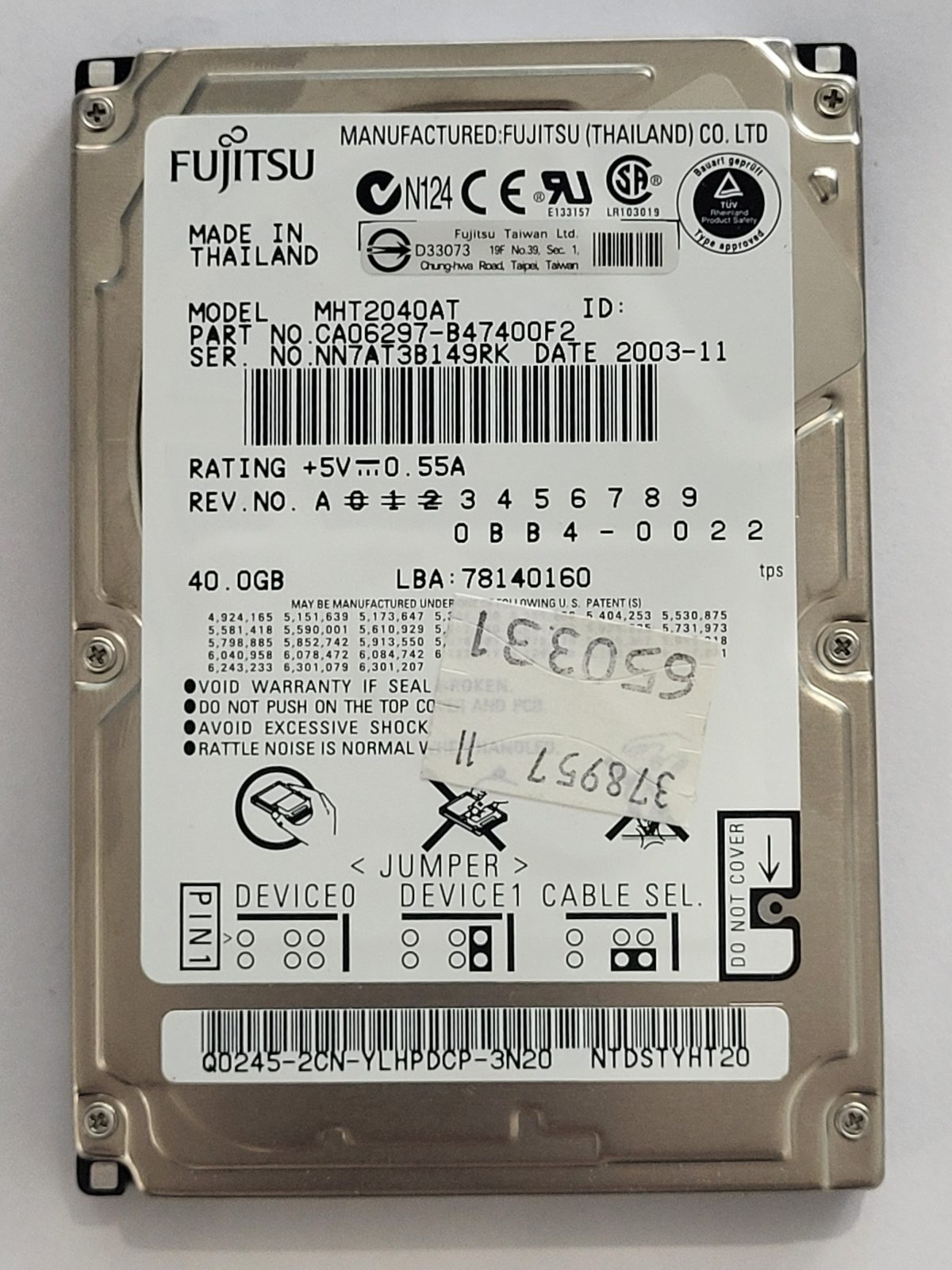 MHT2040AT, PN:CA06297-B47400F2, FW:0BB4-0022, 2003-11 | Fujitsu 40Go 2,5" PATA HDD STK