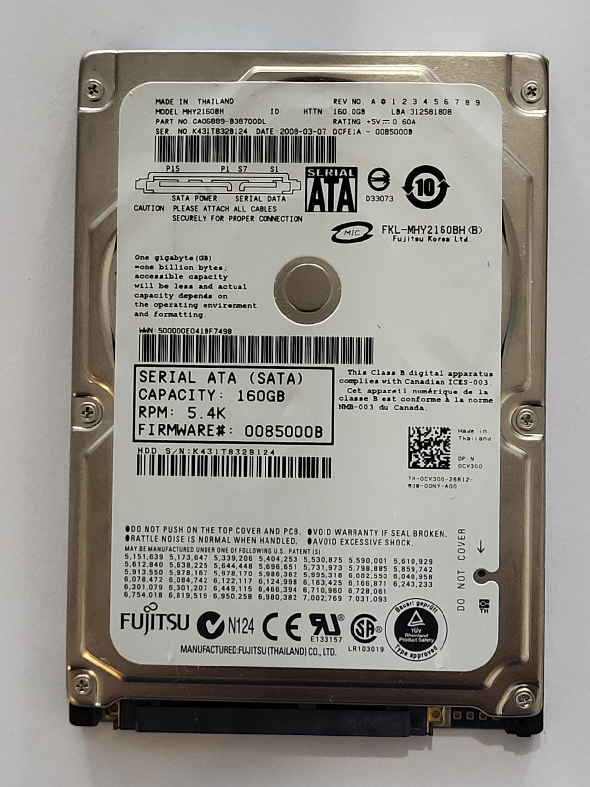MHY2160BH, PN:CA06889-B38700DL, FW:0085000B, 07 MAR 2008 | Fujitsu 160Go 2,5" SATA HDD STK