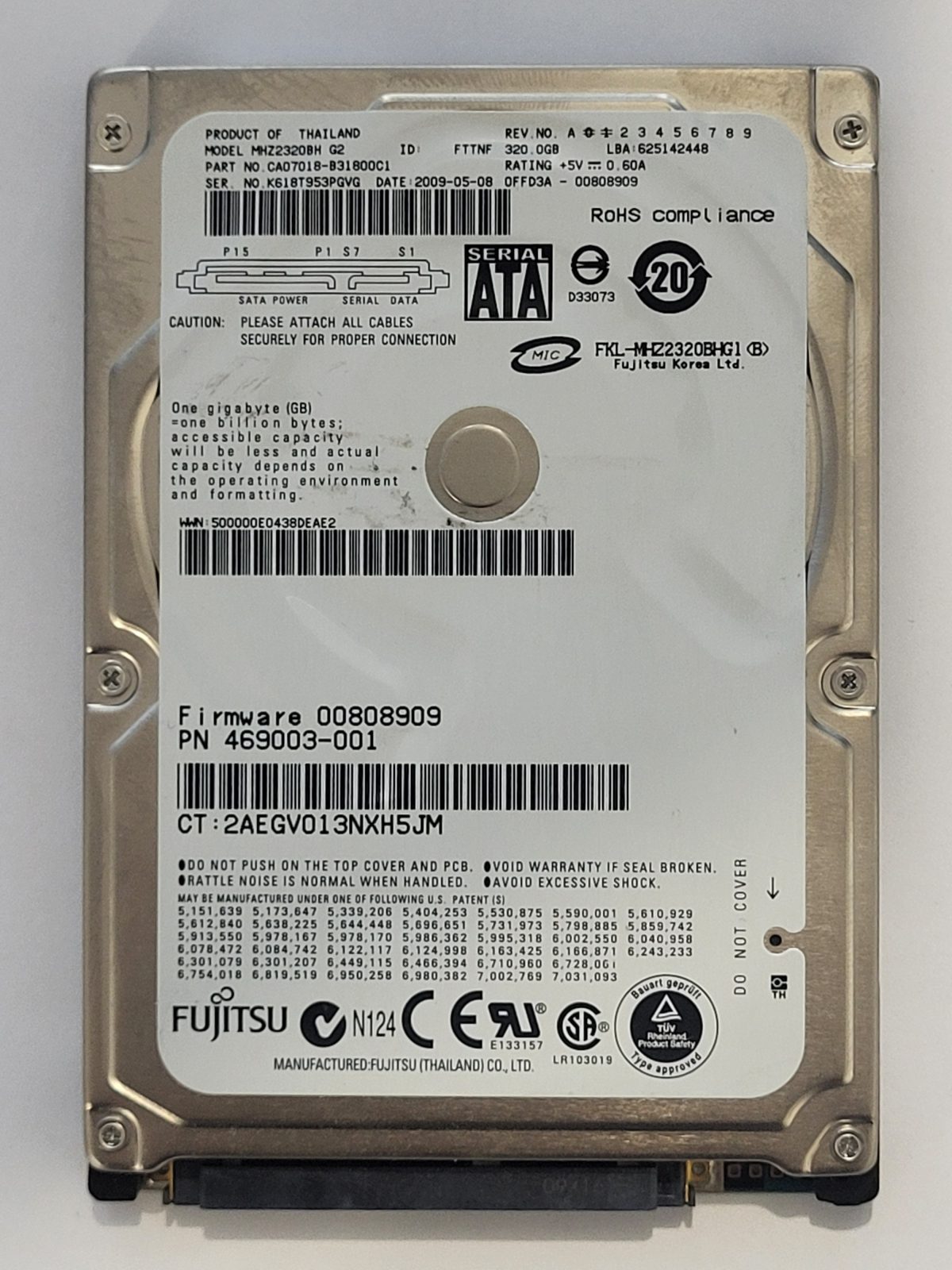 MHZ2320BH G2, PN:CA07018-B31800C1, FW:0FFD3A-00808909, 08 MAY 2009 | Fujitsu 320Go 2,5" SATA HDD STK