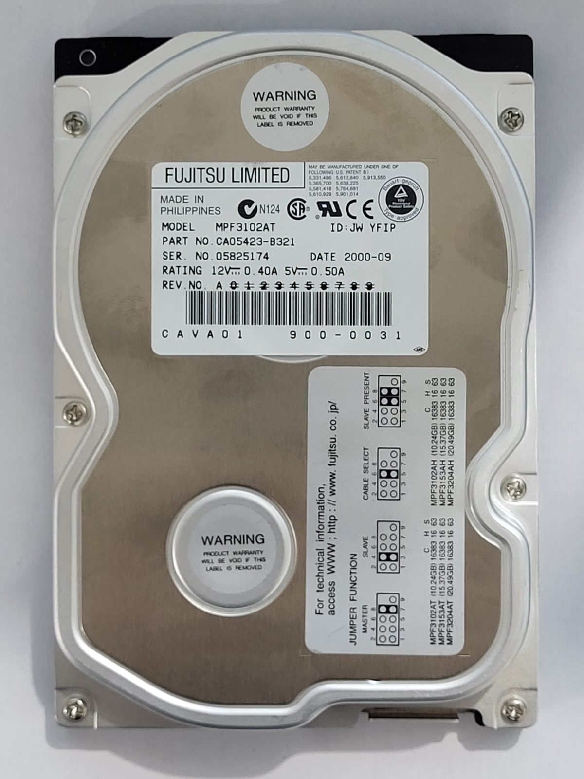 MPF3102AT, PN:CA05423-B321, FW:0031, SEP 2000 | Fujitsu 10Go 3,5" PATA HDD STK