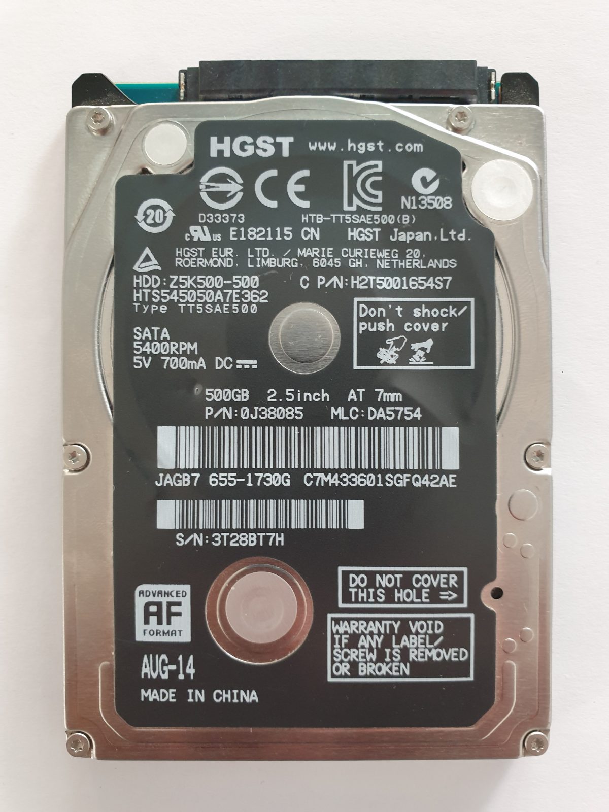HTS545050A7E362, PN:0J38085, MLC:DA5754, AUG-14 | HGST 500Go 2,5" SATA HDD STK