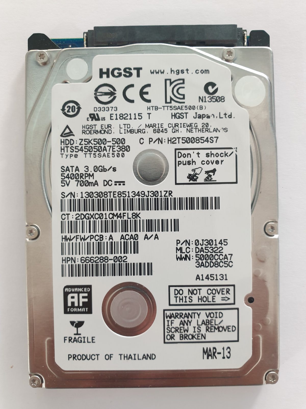 HTS545050A7E380, PN:0J30145, MLC:DA5322, MAR-13 | HGST 500Go 2,5" SATA HDD STK