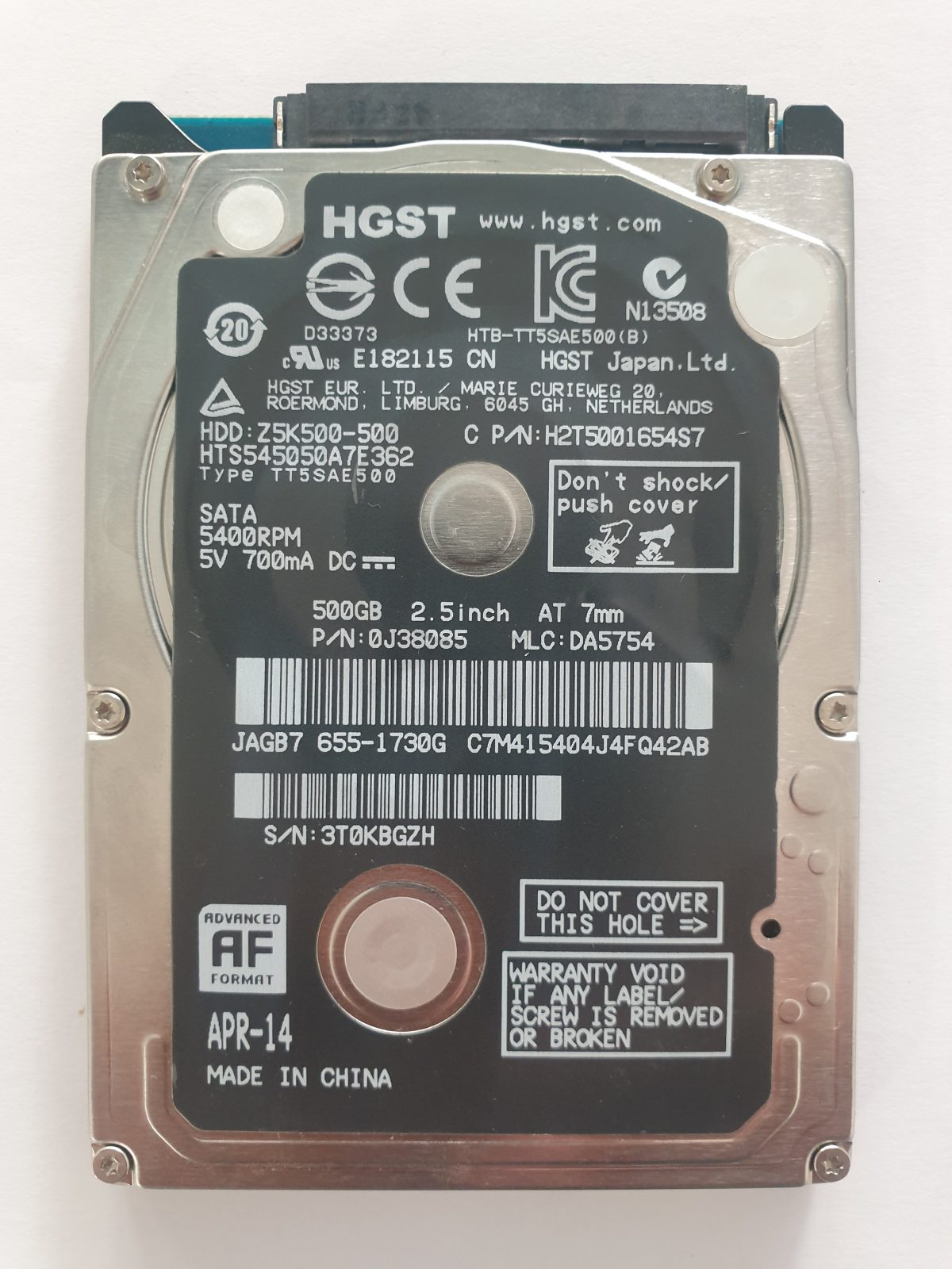 HTS545050A7E362, PN:0J38085, MLC:DA5754, APR-14 | HGST 500Go 2,5" SATA HDD STK