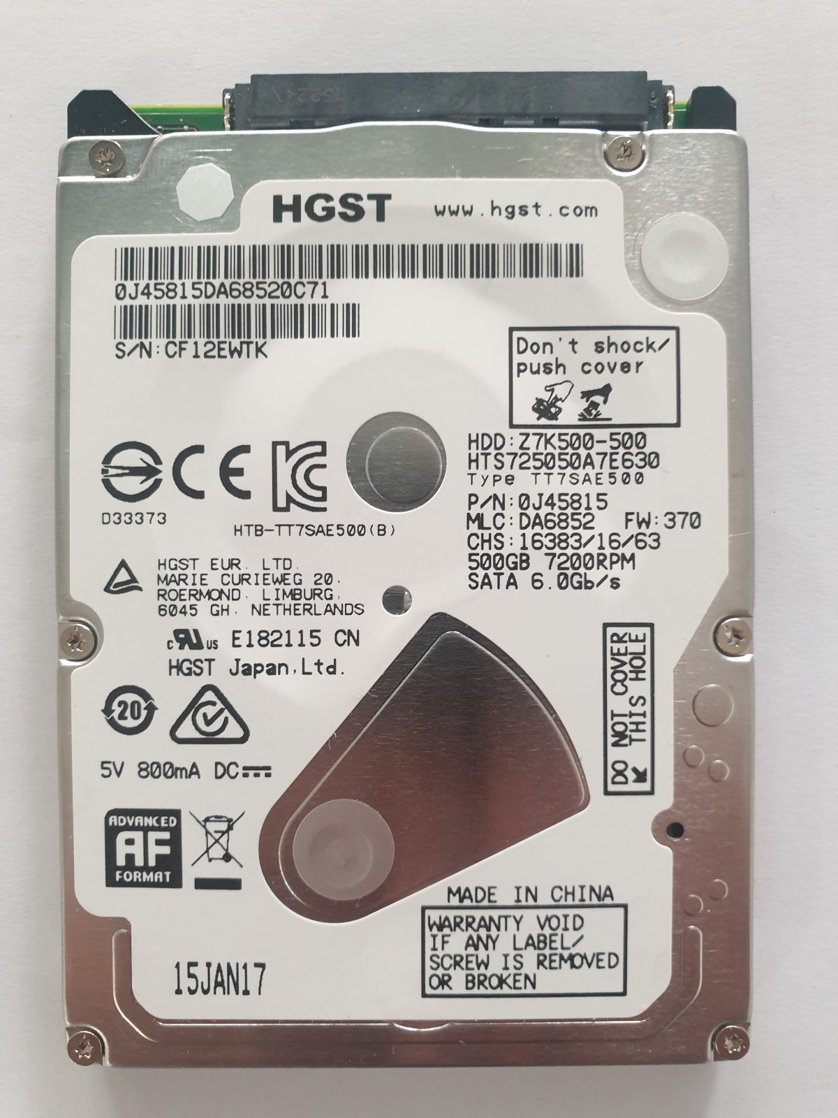 HTS725050A7E630, PN:0J45815, MLC:DA6852, 15 JAN 2017 | HGST 500Go 2,5" SATA HDD STK