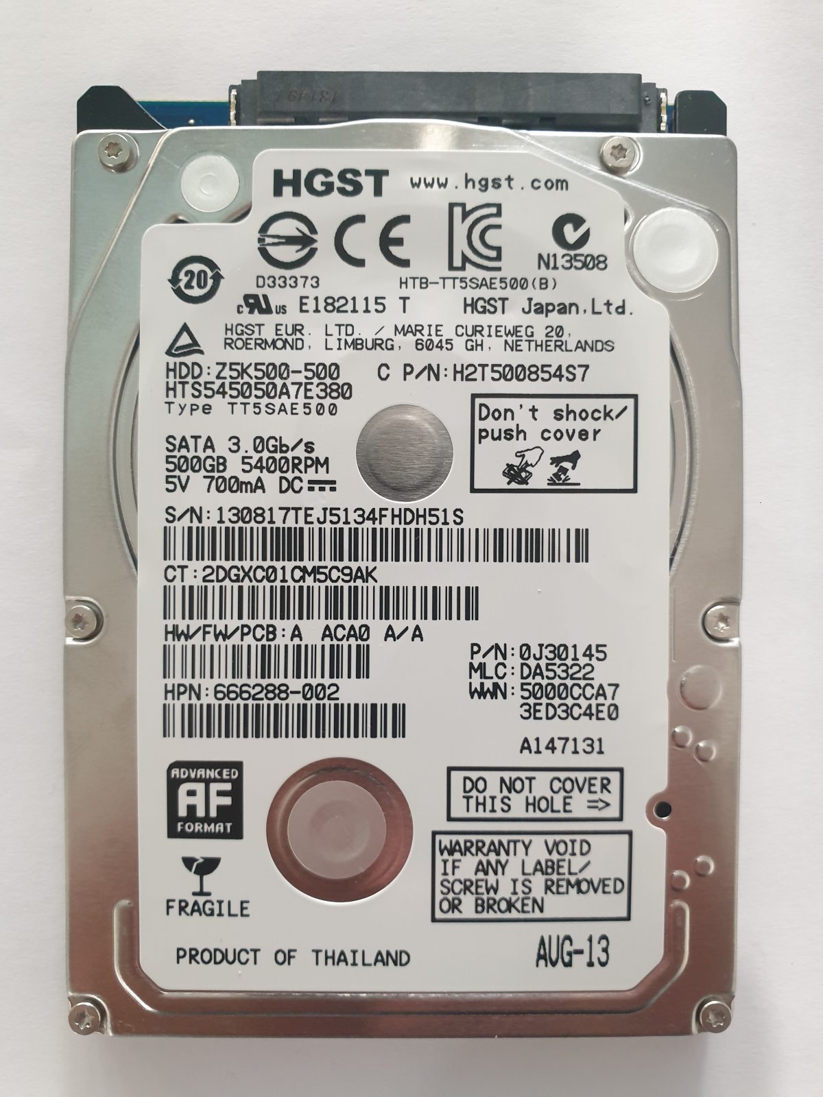 HTS545050A7E380, PN:0J30145, MLC:DA5322, AUG-13 | HGST 500Go 2,5" SATA HDD STK