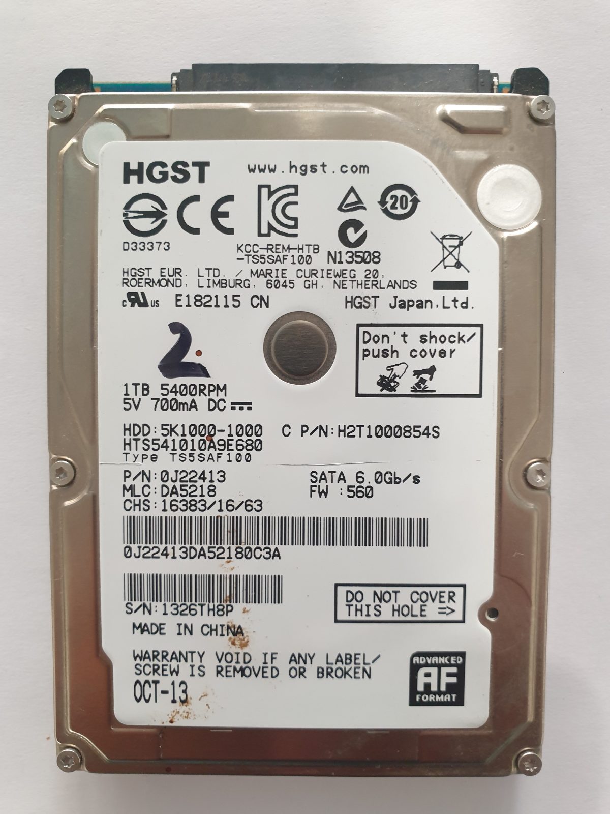HTS541010A9E680, PN:0J22413, MLC:DA5218, OCT-13 | HGST 1To 2,5" SATA HDD STK