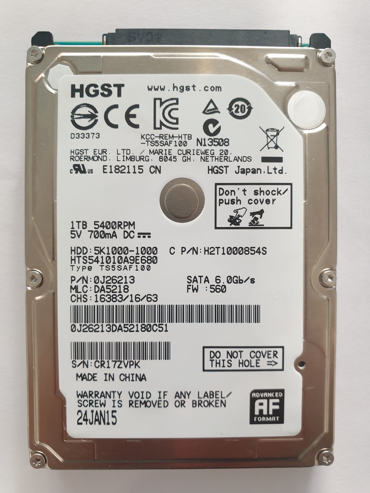 HTS541010A9E680, PN:0J26213, MLC:DA5218, 24 JAN 2015 | HGST 1To 2,5" SATA HDD STK