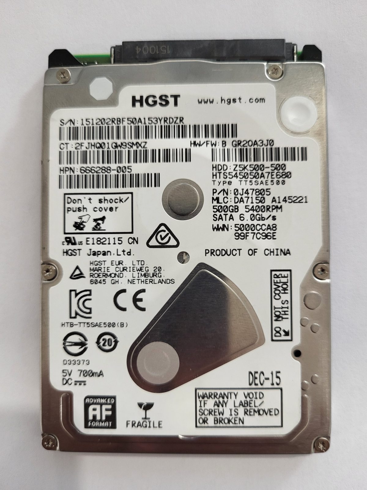 HTS545050A7E680, PN:0J47805, MLC:DA7150, DEC-15 | HGST 500Go 2,5" SATA HDD STK