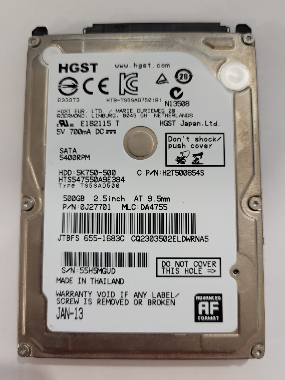 HTS547550A9E384, PN:0J27701, MLC:DA4755, JAN-13 | HGST 500Go 2,5" SATA HDD STK
