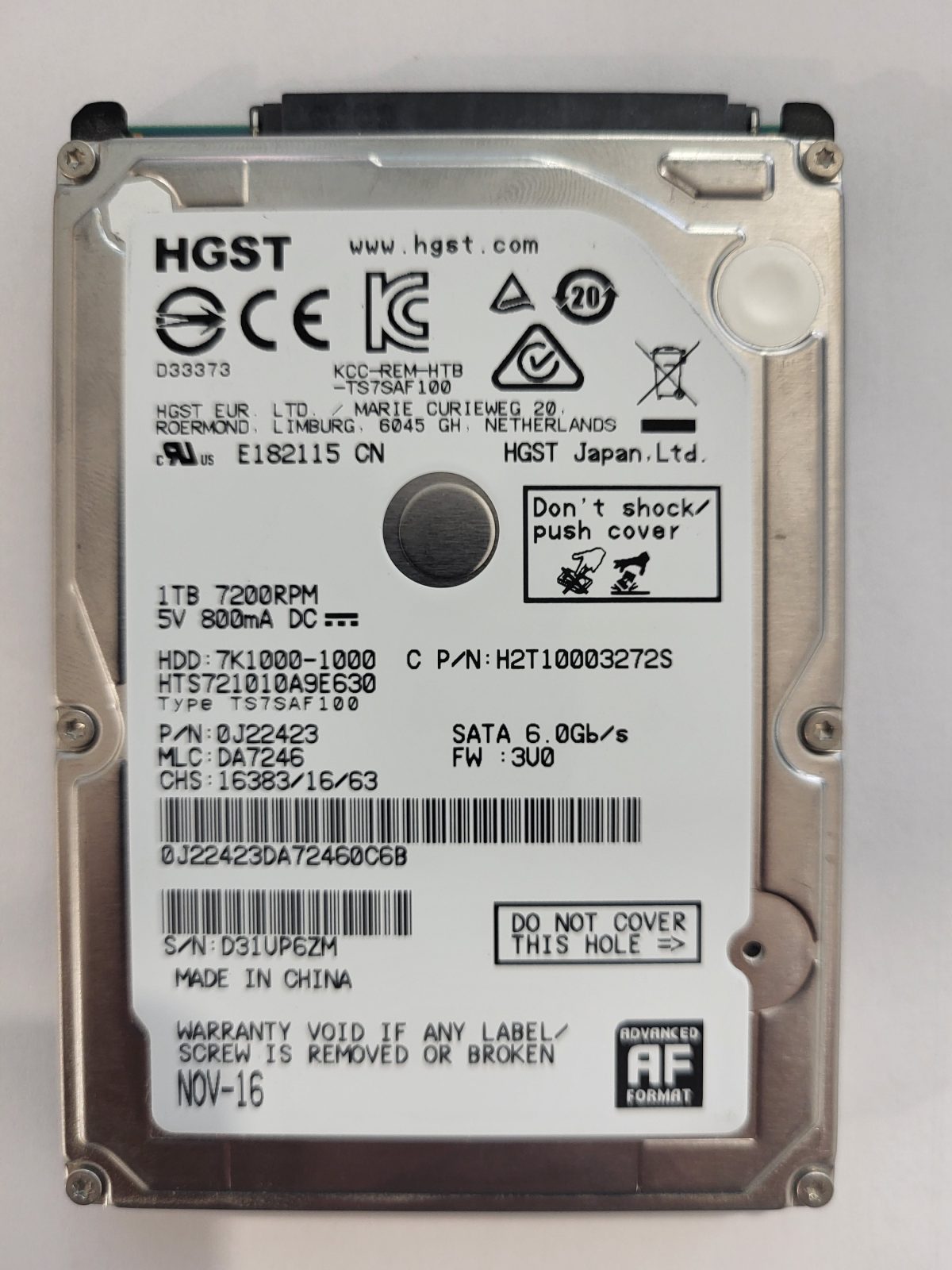 HTS721010A9E630, PN:0J22423, MLC:DA7246, NOV-16 | HGST 1To 2,5" SATA HDD STK