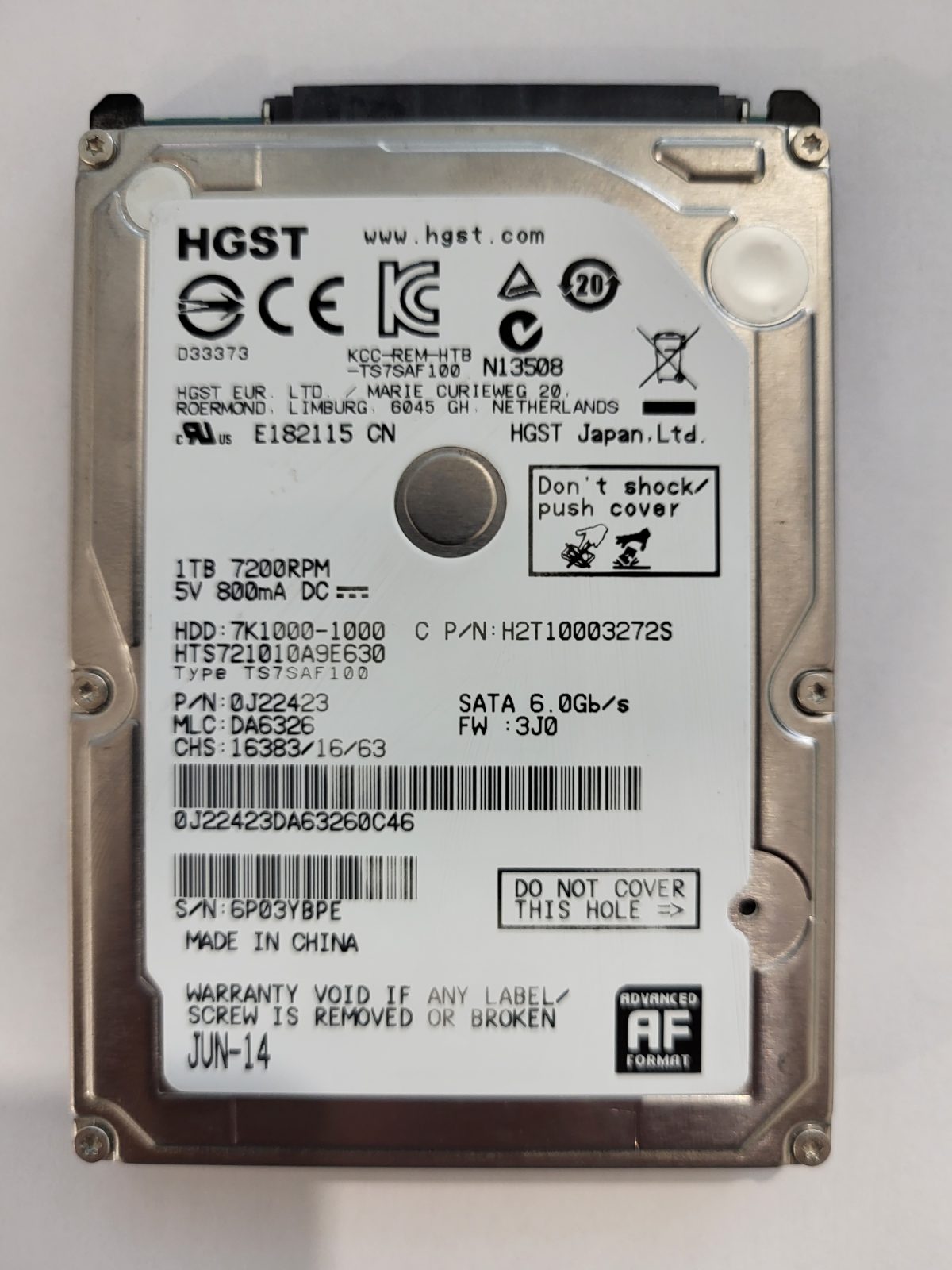 HTS721010A9E630, PN:0J22423, MLC:DA6326, JUN-14 | HGST 1To 2,5" SATA HDD STK