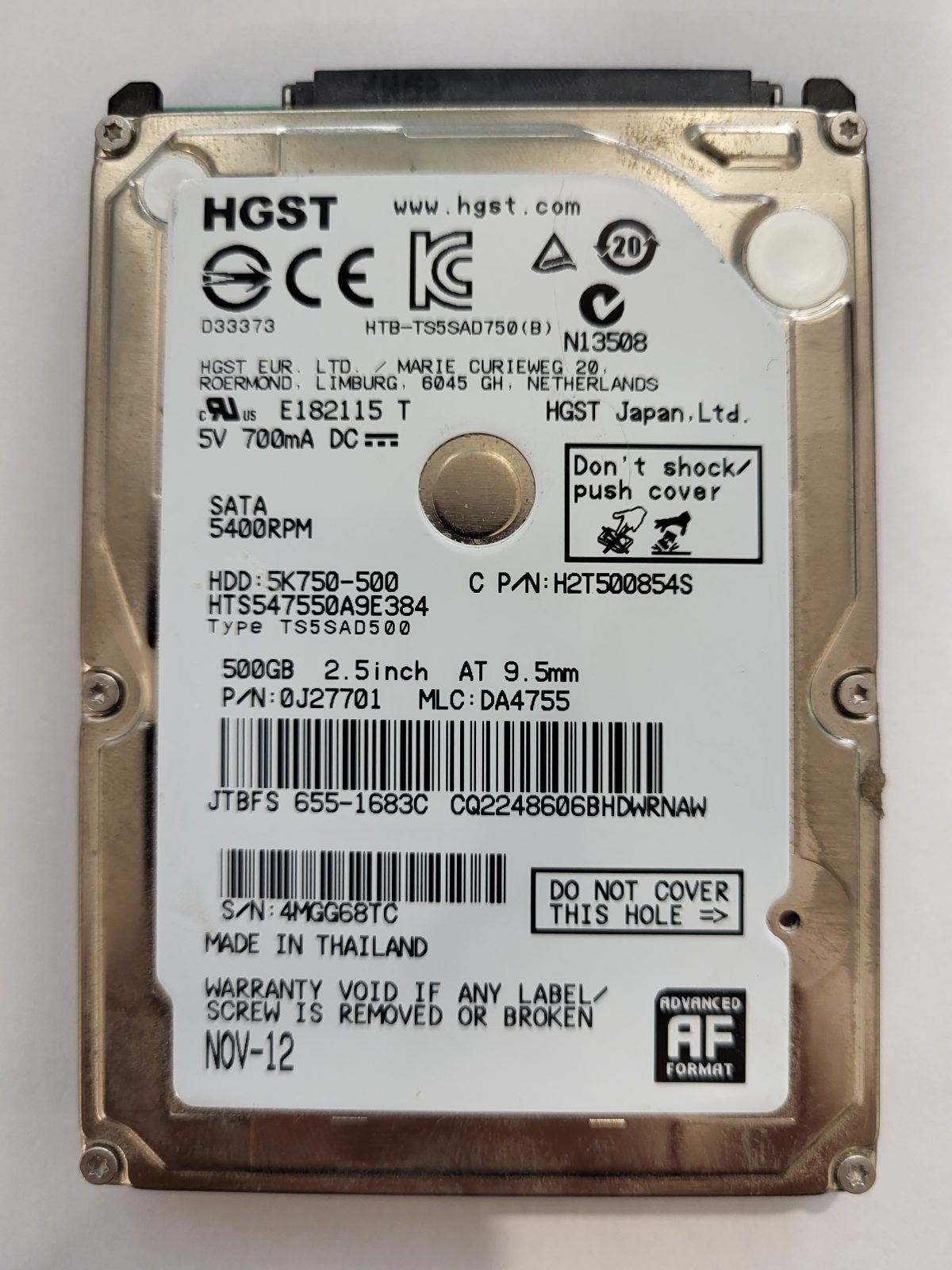 HTS547550A9E384, PN:0J27701, MLC:DA4755, NOV-12 | HGST 500Go 2,5" SATA HDD STK