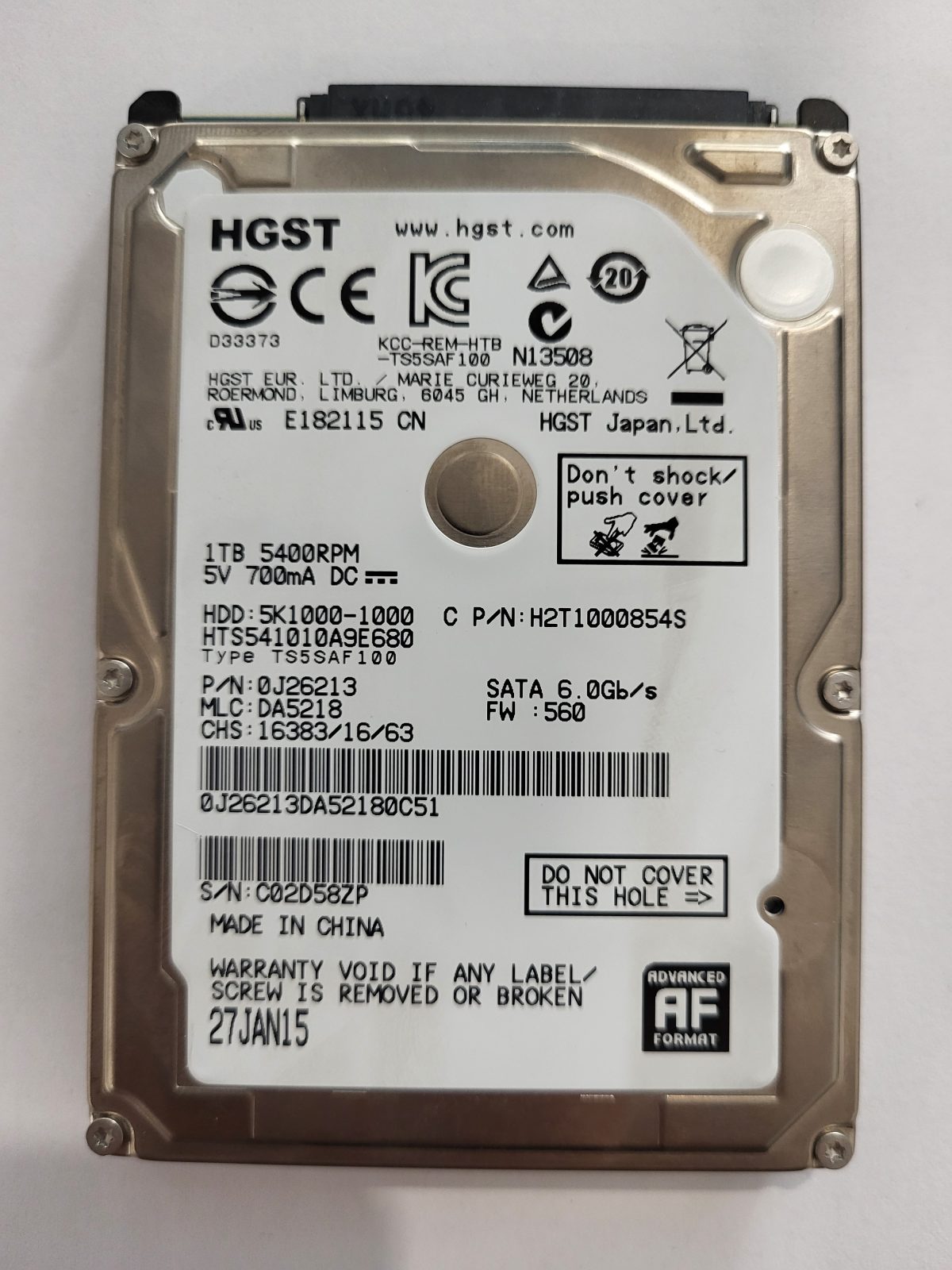 HTS541010A9E680, PN:0J26213, MLC:DA5218, 27 JAN 2015 | HGST 1To 2,5" SATA HDD STK
