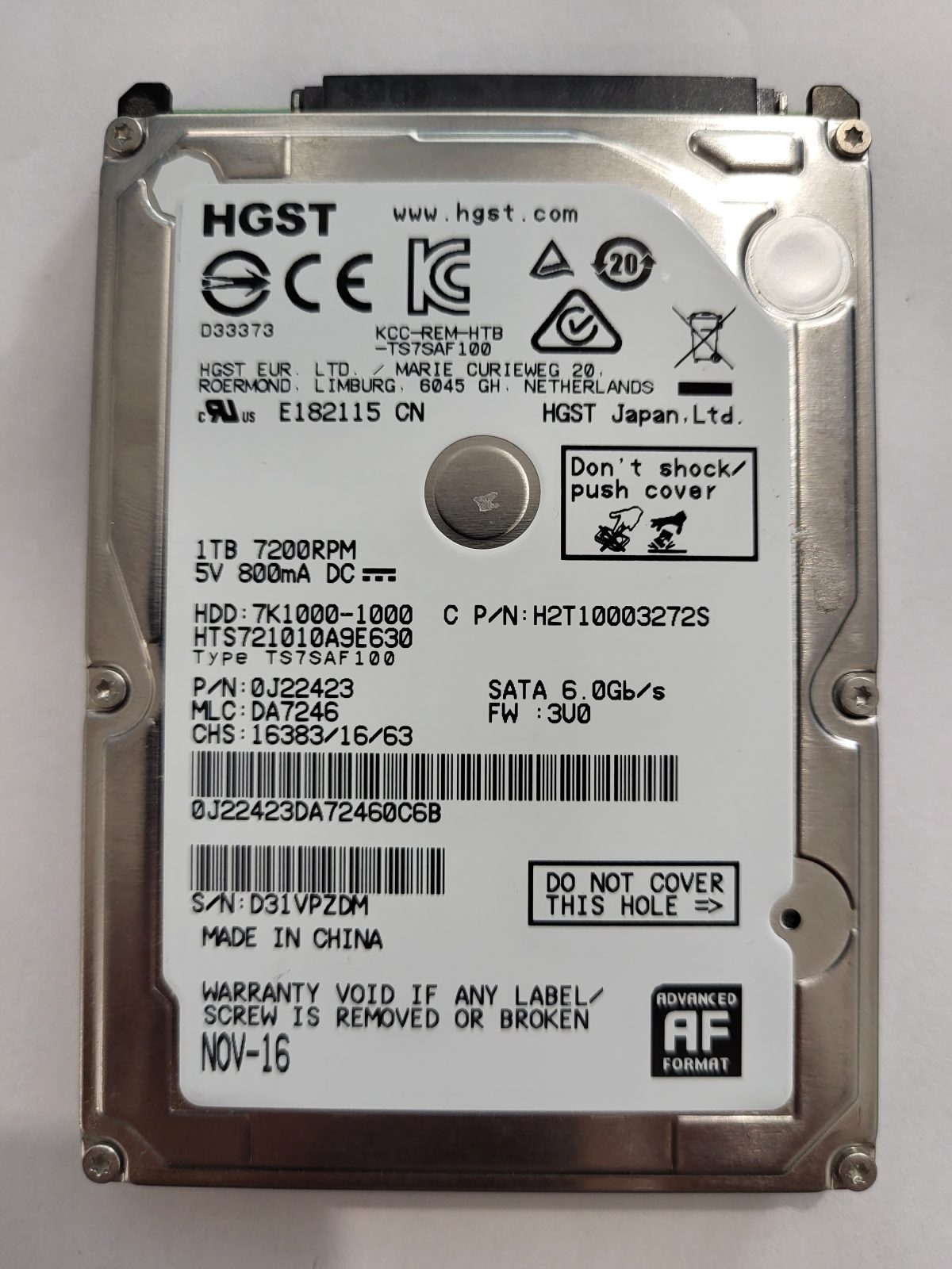 HTS721010A9E630, PN:0J22423, MLC:DA7246, NOV-16 | HGST 1To 2,5" SATA HDD STK