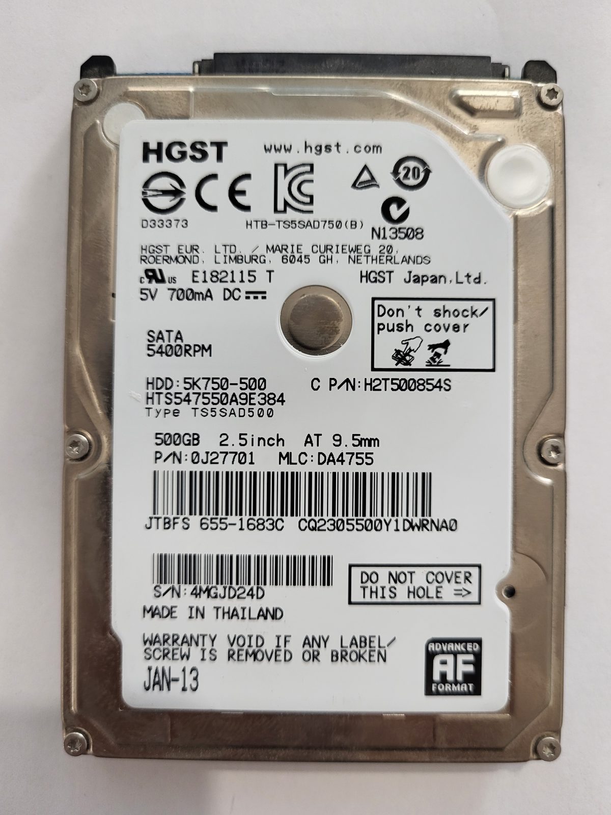 HTS547550A9E384, PN:0J27701, MLC:DA4755, JAN-13 | HGST 500Go 2,5" SATA HDD STK