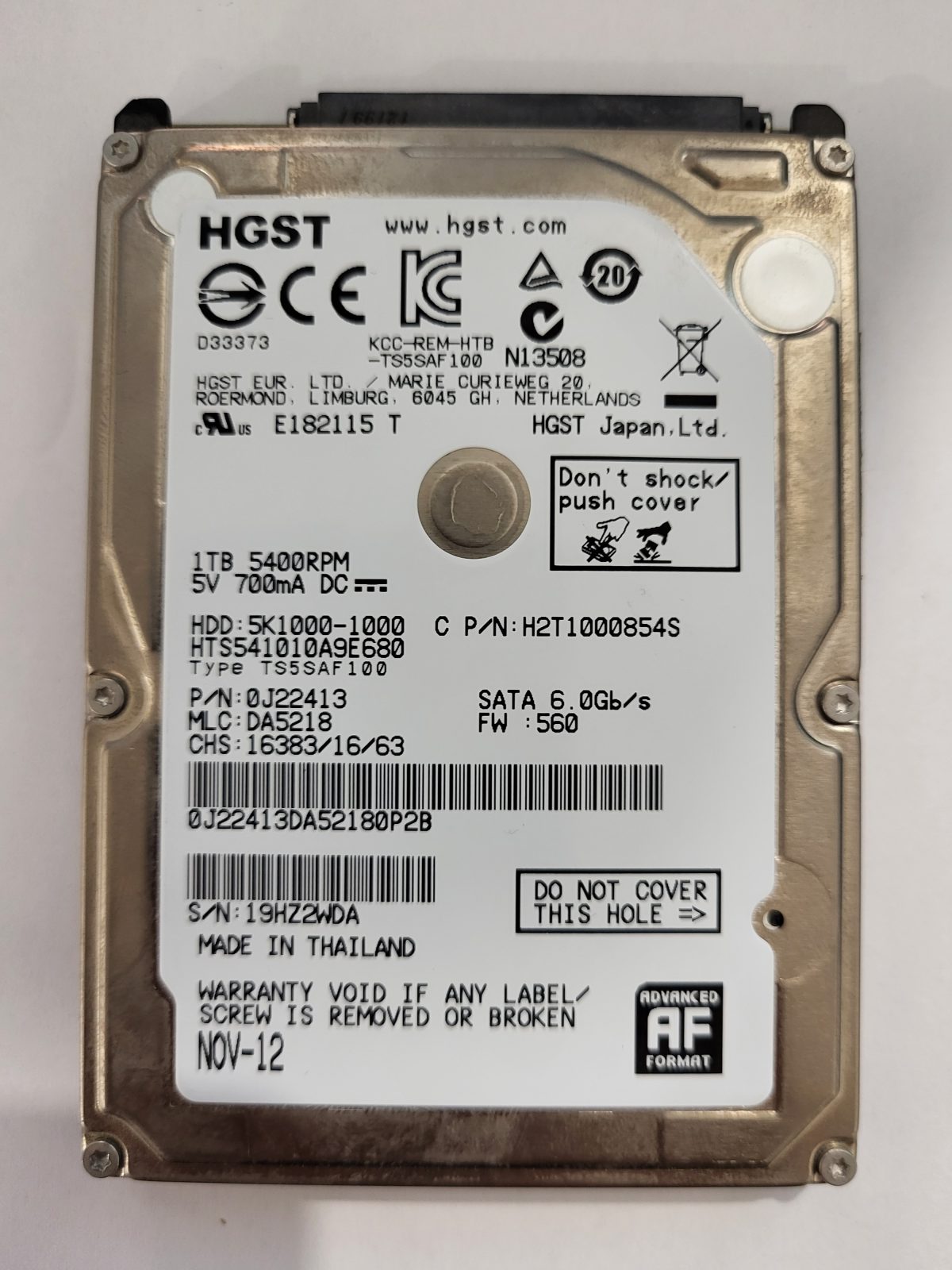 HTS541010A9E680, PN:0J22413, MLC:DA5218, NOV-12 | HGST 1To 2,5" SATA HDD STK