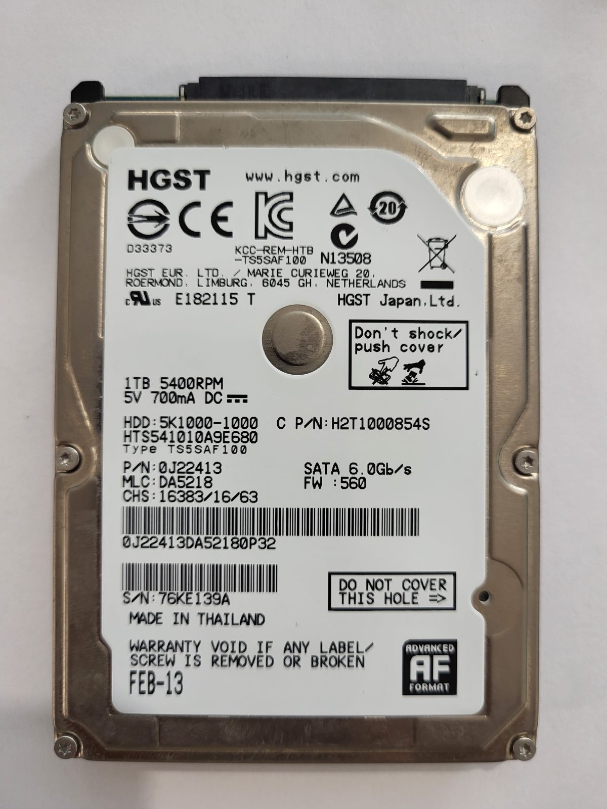 HTS541010A9E680, PN:0J22413, MLC:DA5218, FEB-13 | HGST 1To 2,5" SATA HDD STK