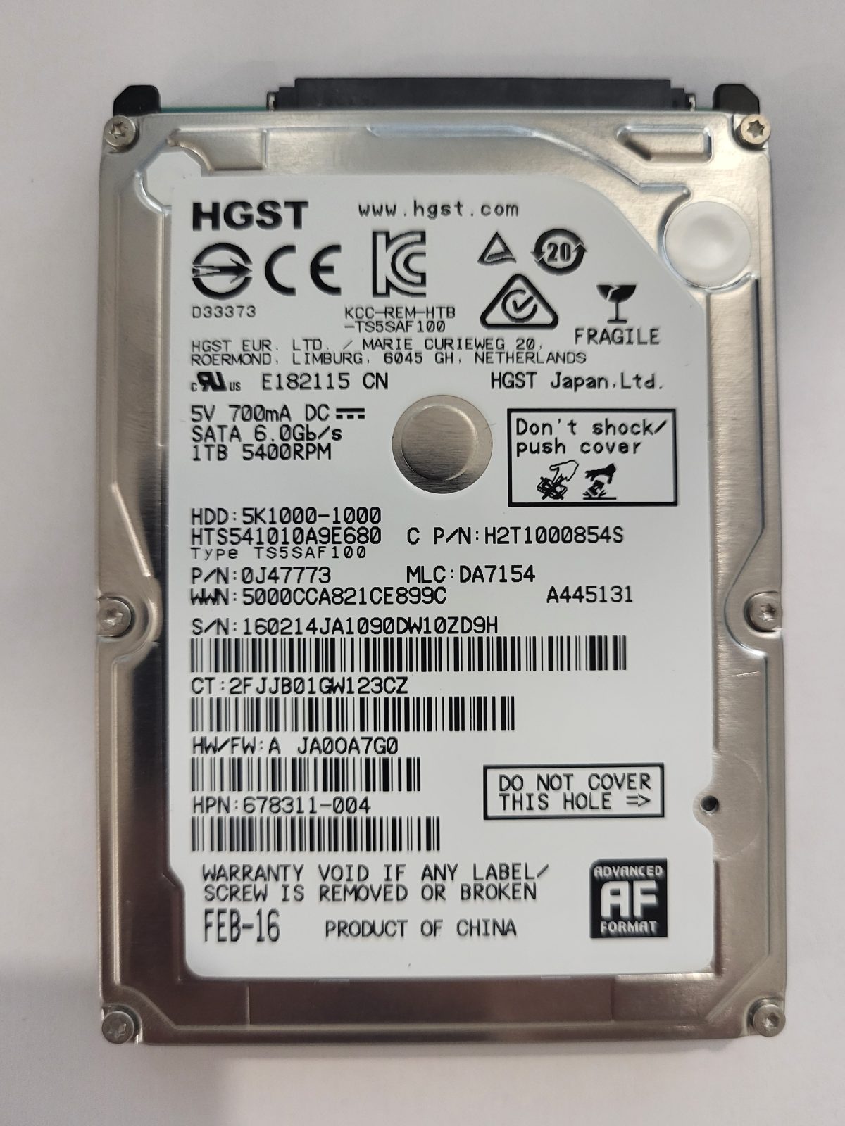 HTS541010A9E680, PN:0J47773, MLC:DA7154, FEB-16 | HGST 1To 2,5" SATA HDD STK