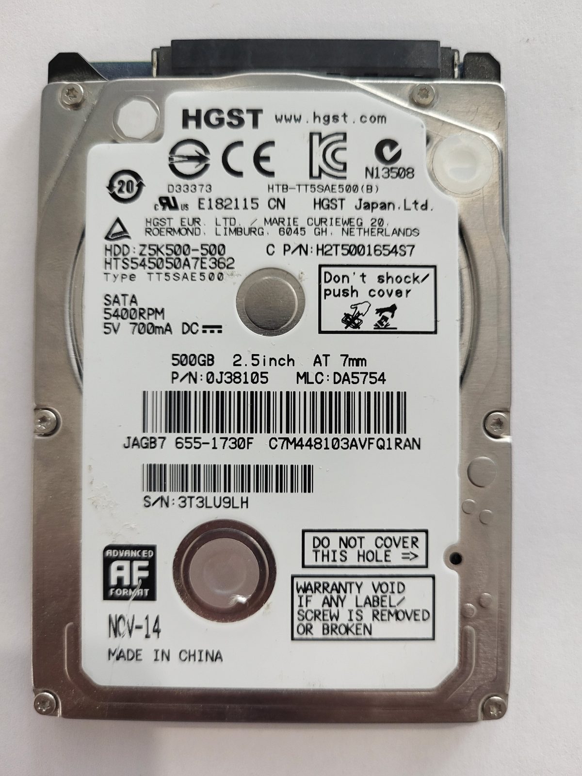 HTS545050A7E362, PN:0J38105, MLC:DA5754, NOV-14 | HGST 500Go 2,5" SATA HDD STK