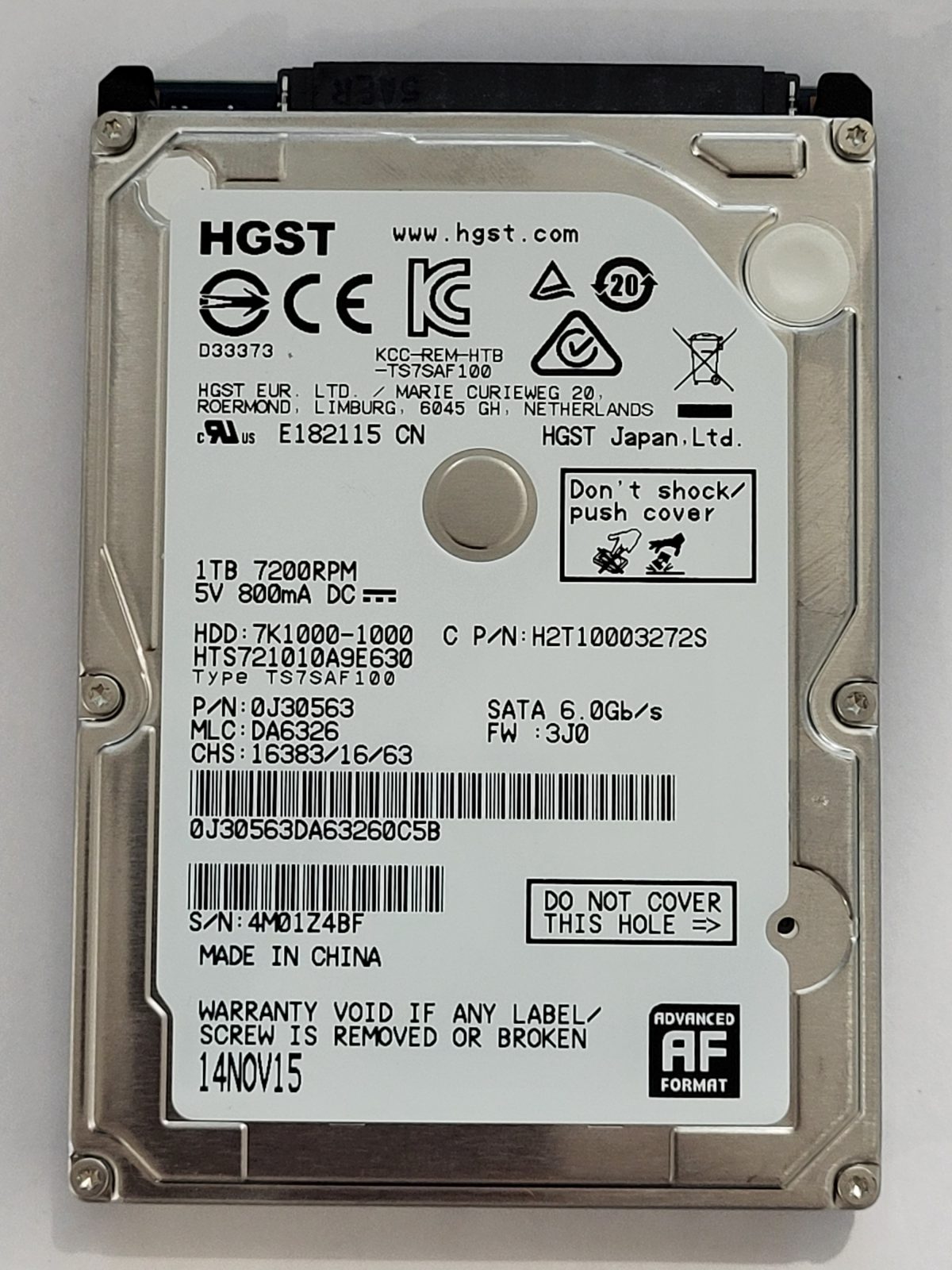 HTS721010A9E630, PN:0J30563, MLC:DA6326, 14 NOV 2015 | HGST 1To 2,5" SATA HDD STK
