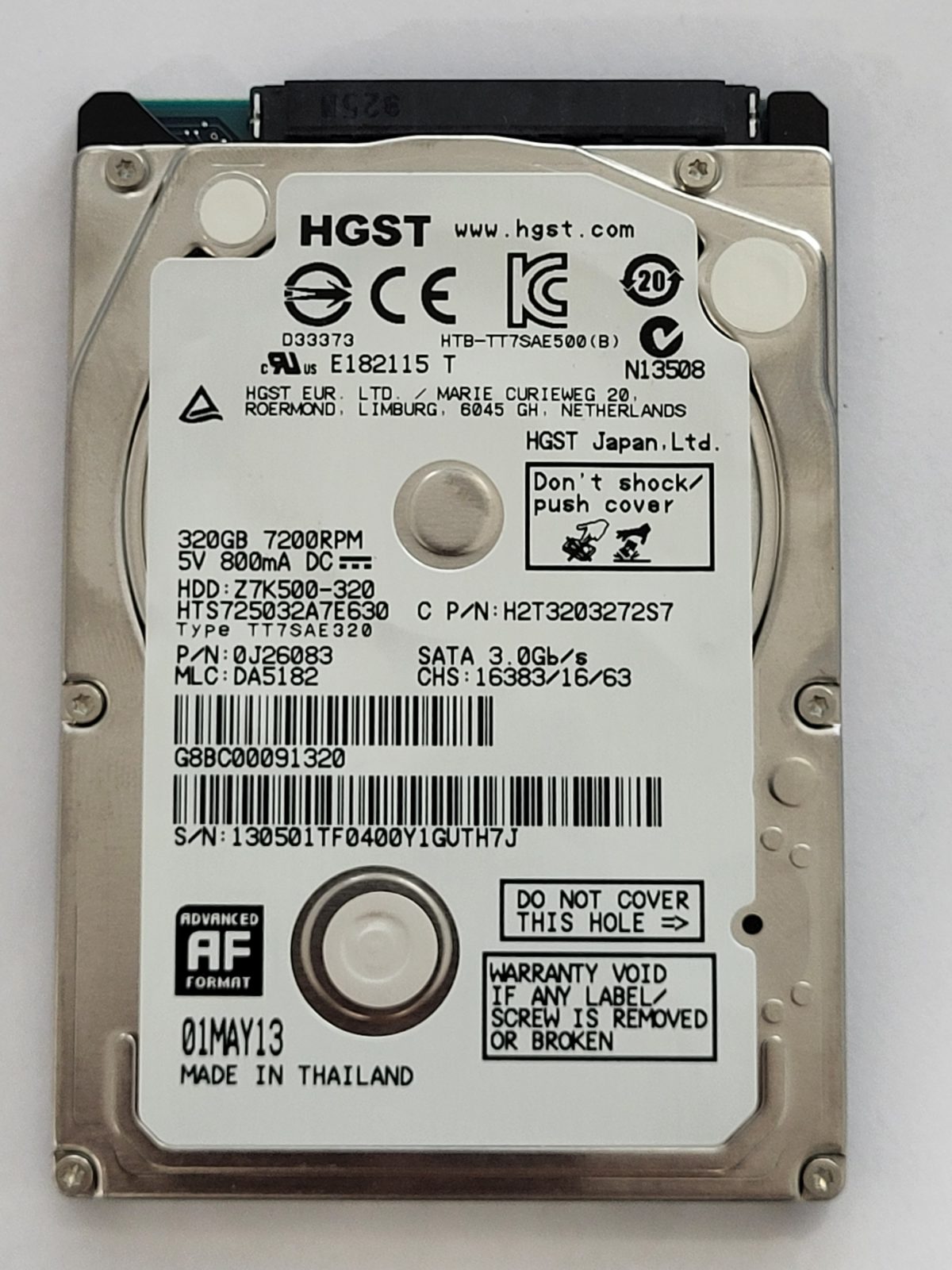 HTS725032A7E630, PN:0J26083, MLC:DA5182, 01 MAY 2013 | HGST 320Go 2,5" SATA HDD STK