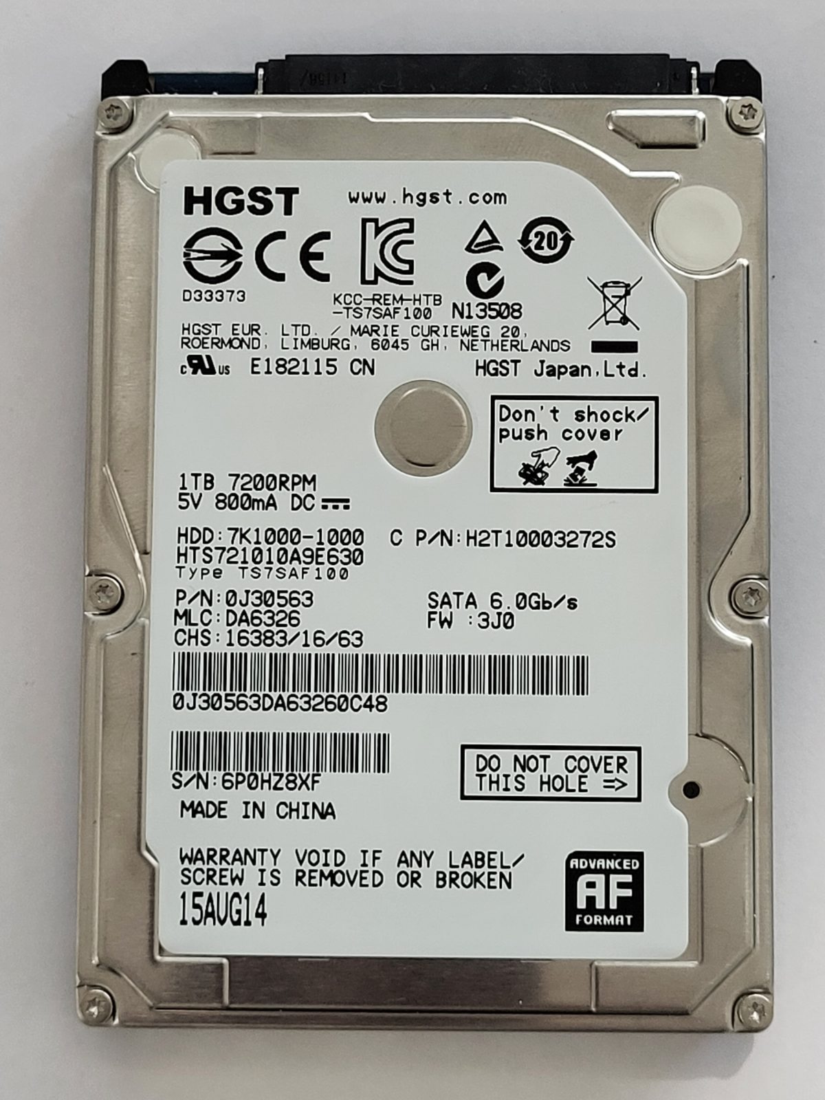 HTS721010A9E630, PN:0J30563, MLC:DA6326, 15 AUG 2014 | HGST 1To 2,5" SATA HDD STK