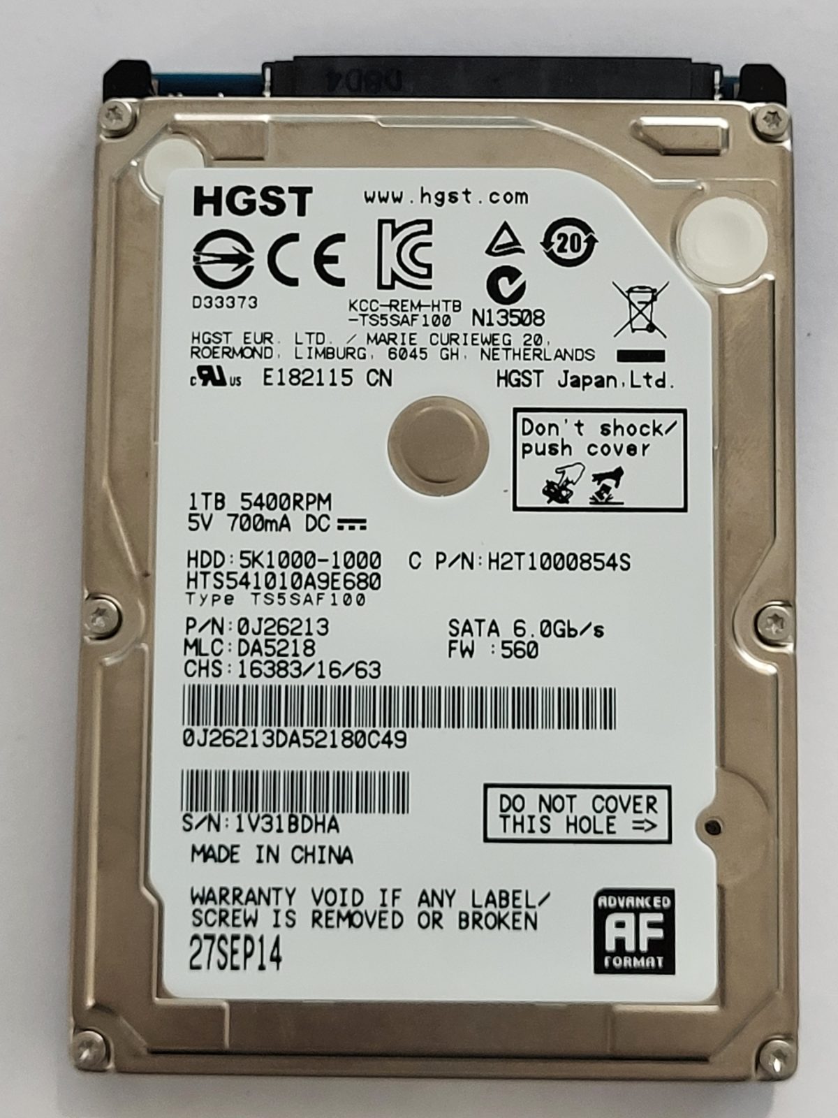 HTS541010A9E680, PN:0J26213, MLC:DA5218, 27 SEP 2014 | HGST 1To 2,5" SATA HDD STK