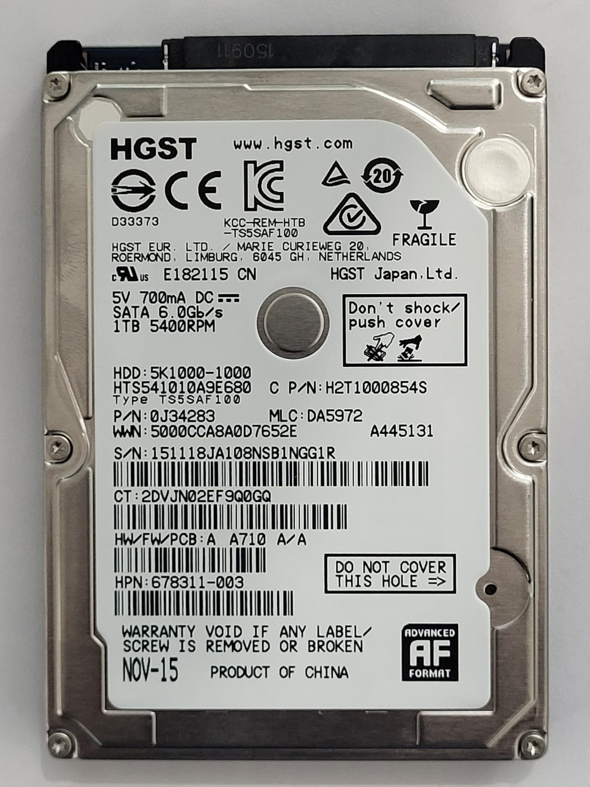 HTS541010A9E680, PN:0J34283, MLC:DA5972, NOV 15 | HGST 1To 2,5" SATA HDD STK