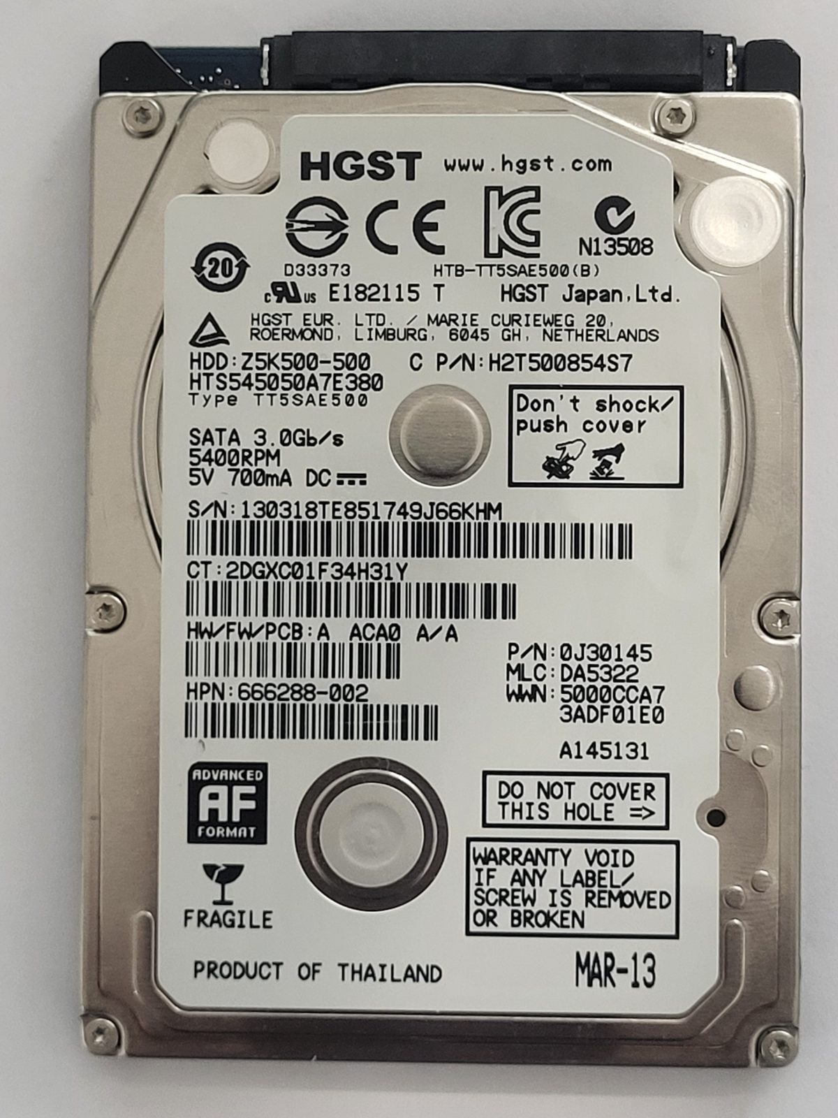 HTS545050A7E380, PN:0J30145, MLC:DA5322, MAR 13 | HGST 500Go 2,5" SATA HDD STK