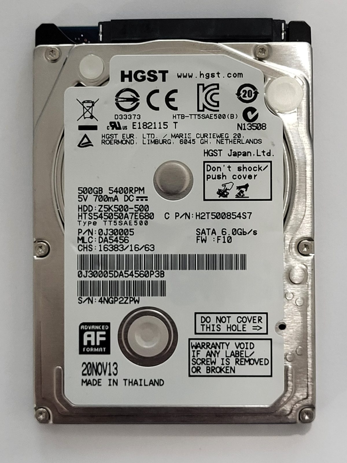 HTS545050A7E680, PN:0J30005, MLC:DA5456, 20 NOV 2013 | HGST 500Go 2,5" SATA HDD STK