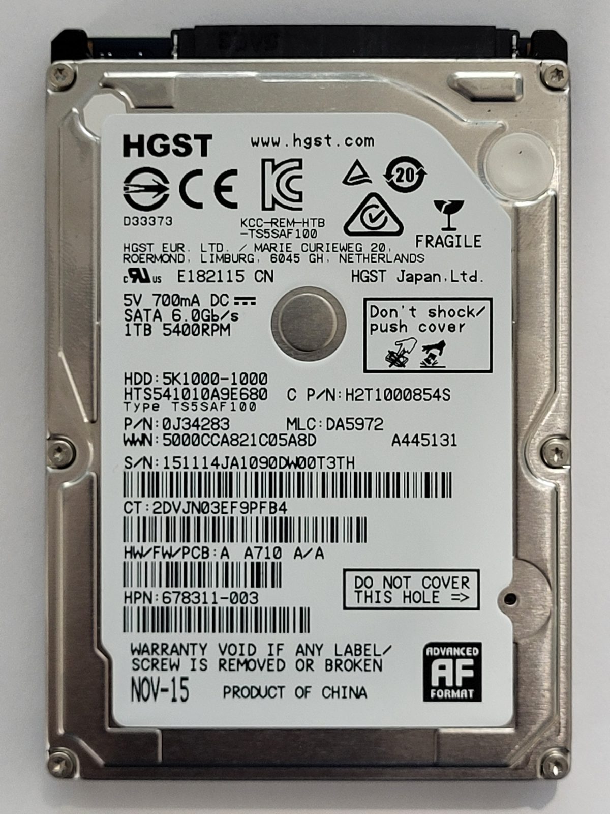 HTS541010A9E680, PN:0J34283, MLC:DA5972, NOV 15 | HGST 1To 2,5" SATA HDD STK