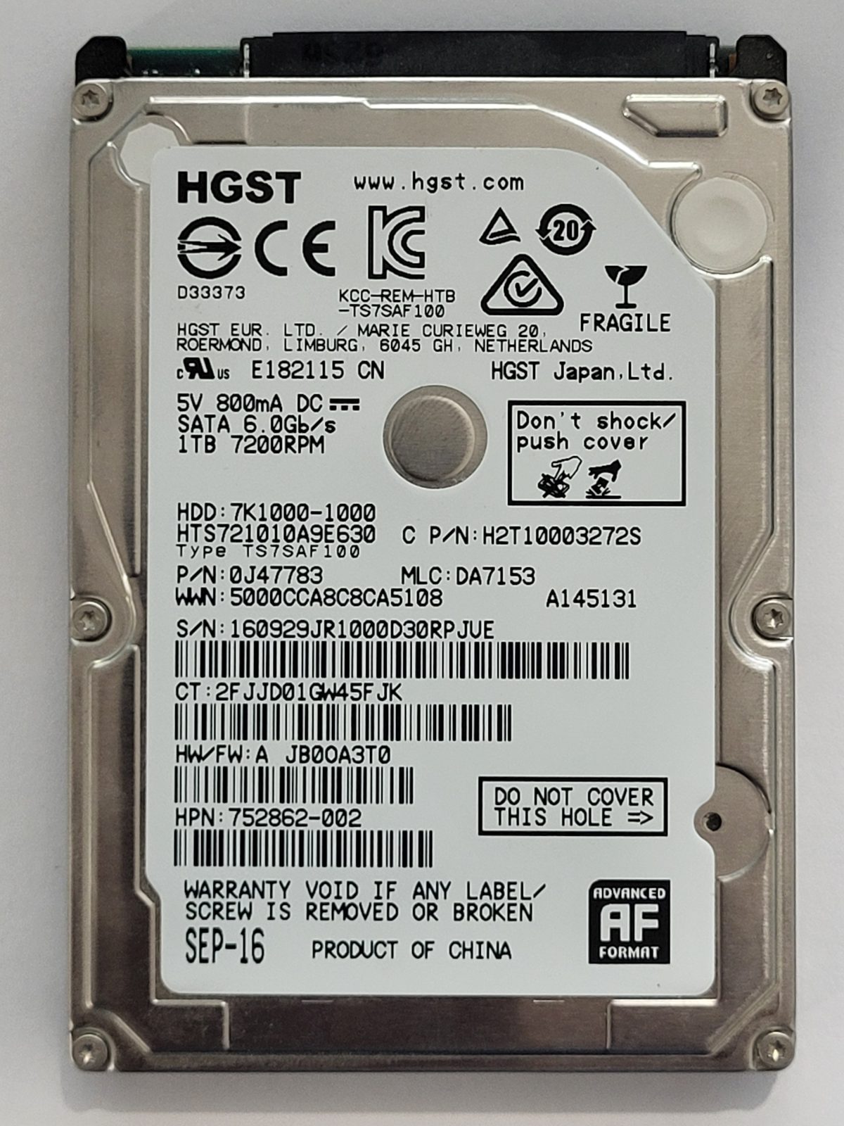 HTS721010A9E630, PN:0J47783, MLC:DA7153, SEP 16 | HGST 1To 2,5" SATA HDD STK