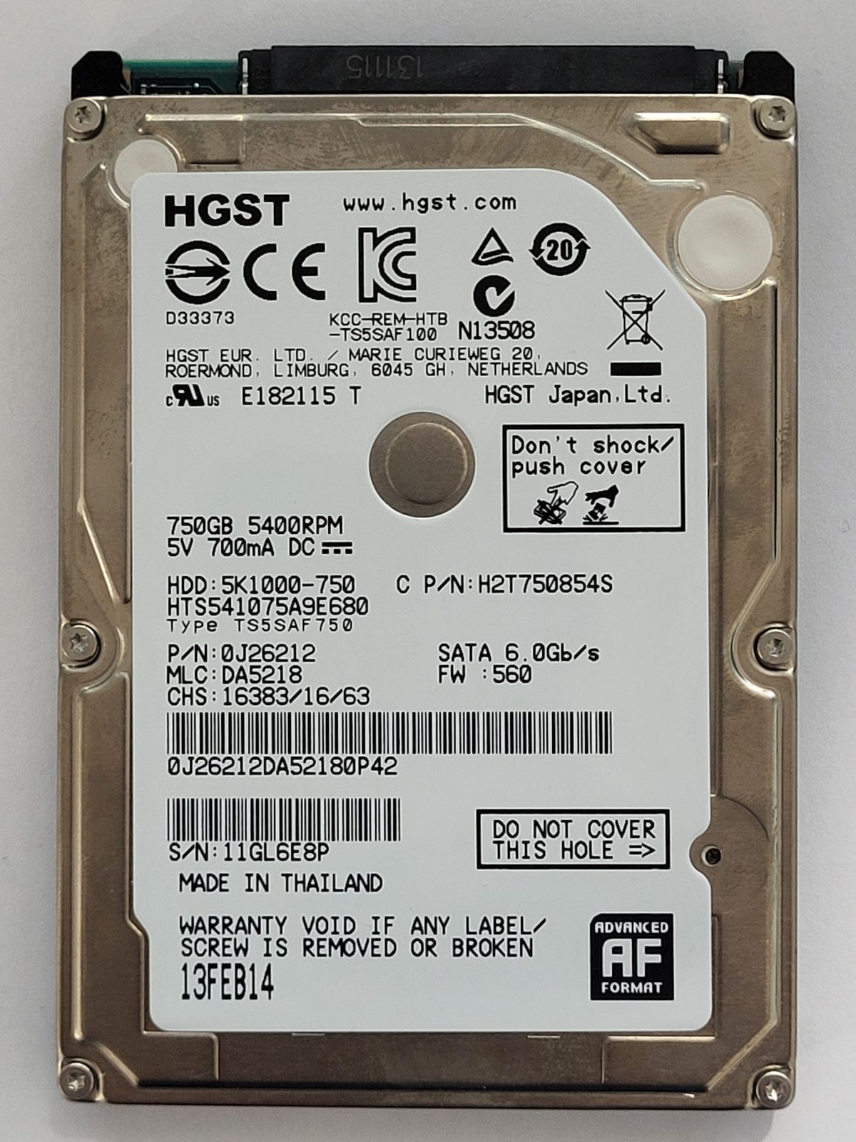 HTS541075A9E680, PN:0J26212, MLC:DA5218, 13 FEB 2014 | HGST 750Go 2,5" SATA HDD STK