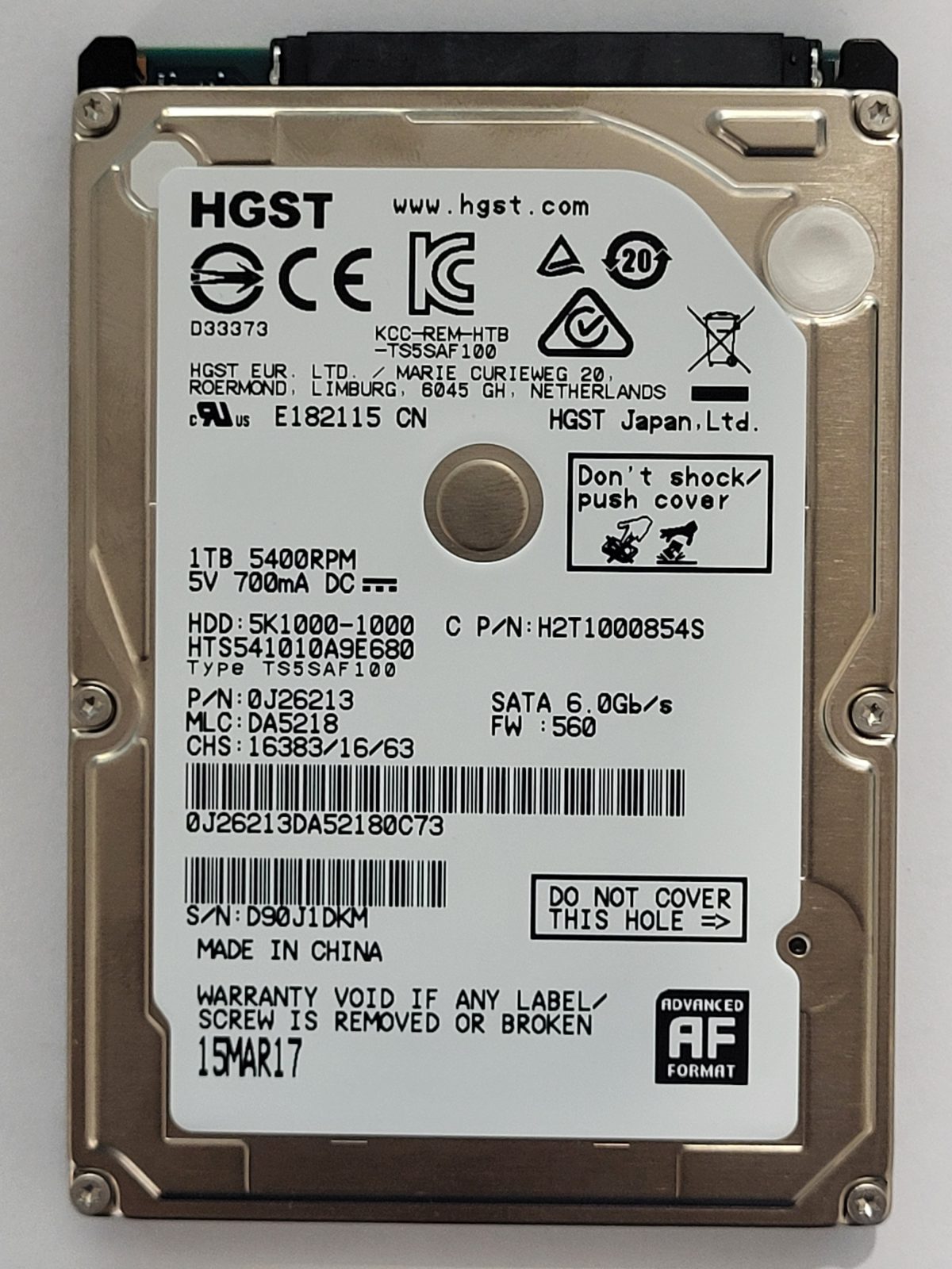 HTS541010A9E680, PN:0J26213, MLC:DA5218, 15 MAR 2017 | HGST 1To 2,5" SATA HDD STK