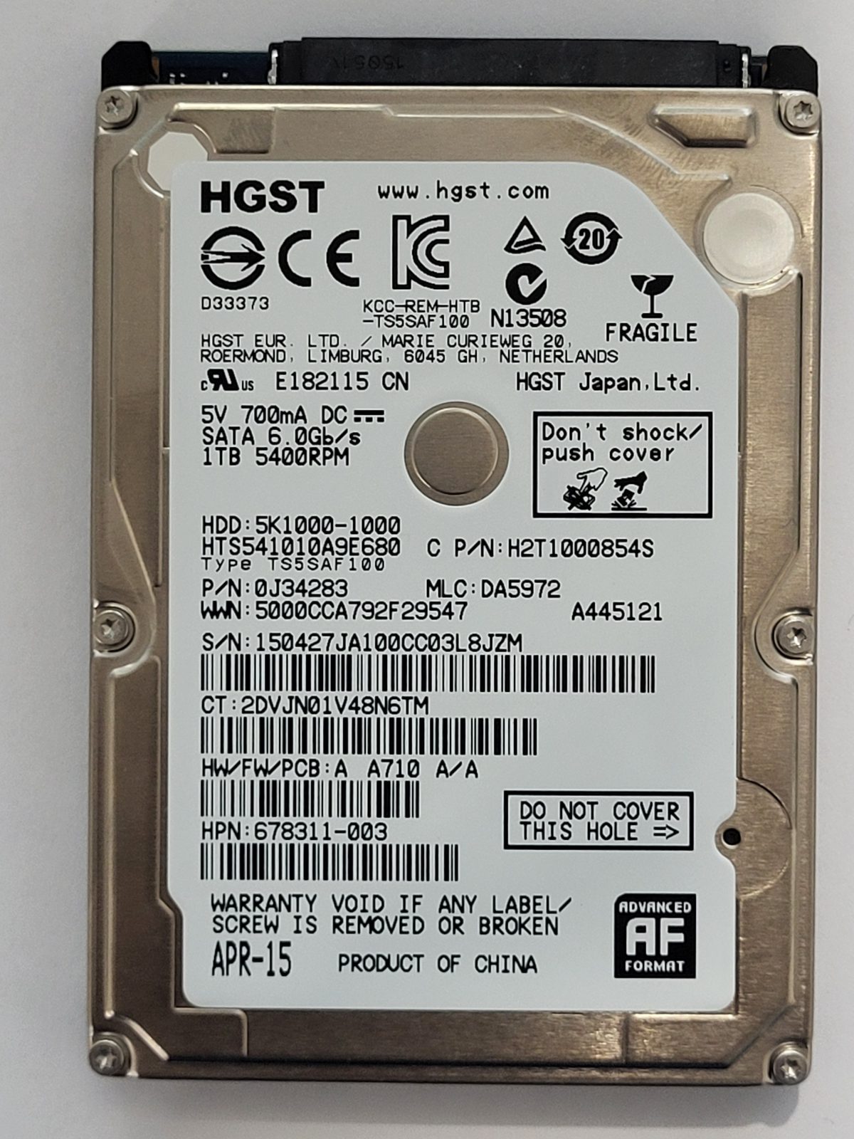 HTS541010A9E680, PN:0J34283, MLC:DA5972, APR 15 | HGST 1To 2,5" SATA HDD STK