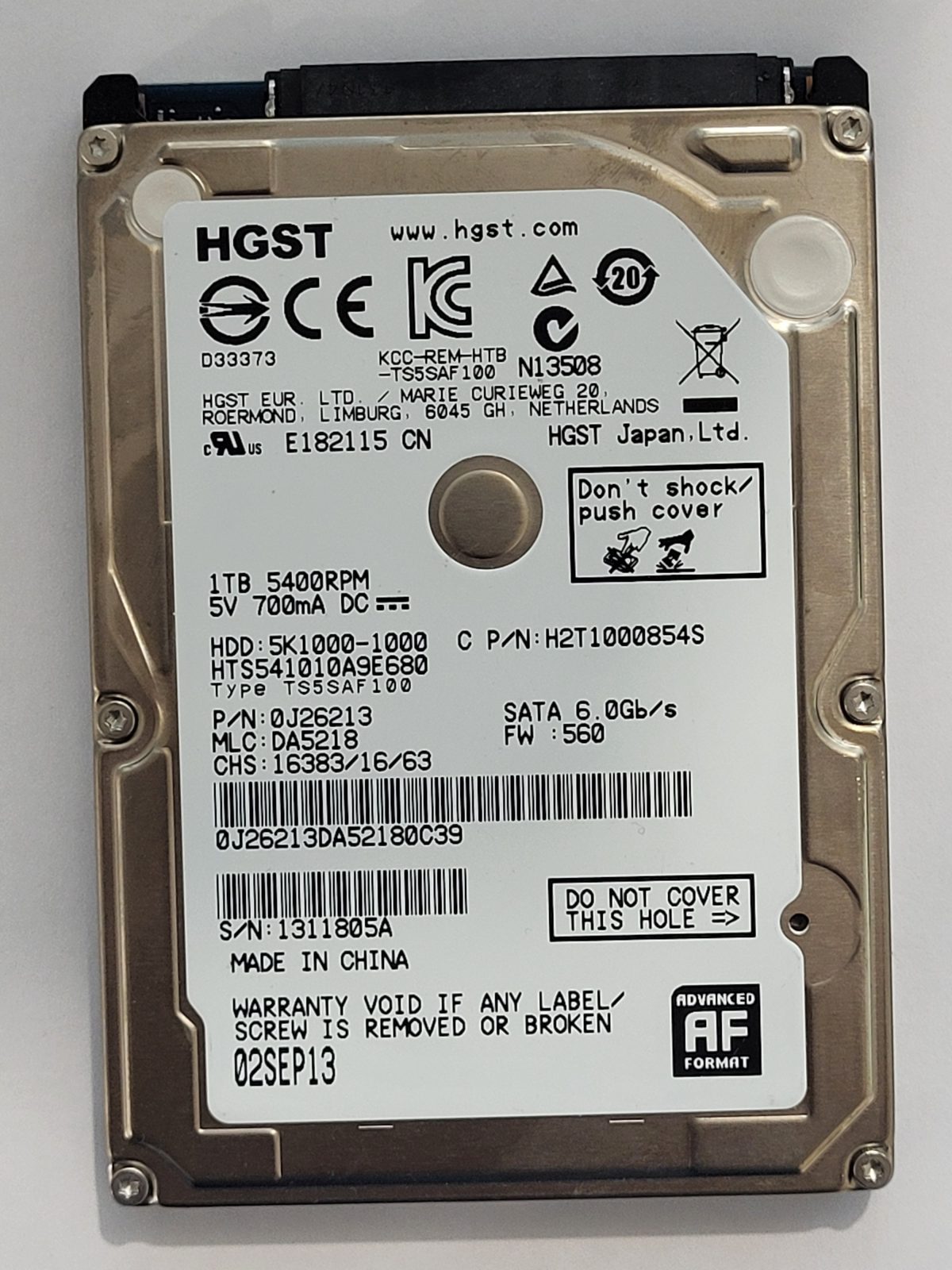 HTS541010A9E680, PN:0J26213, MLC:DA5218, 02 SEP 2013 | HGST 1To 2,5" SATA HDD STK