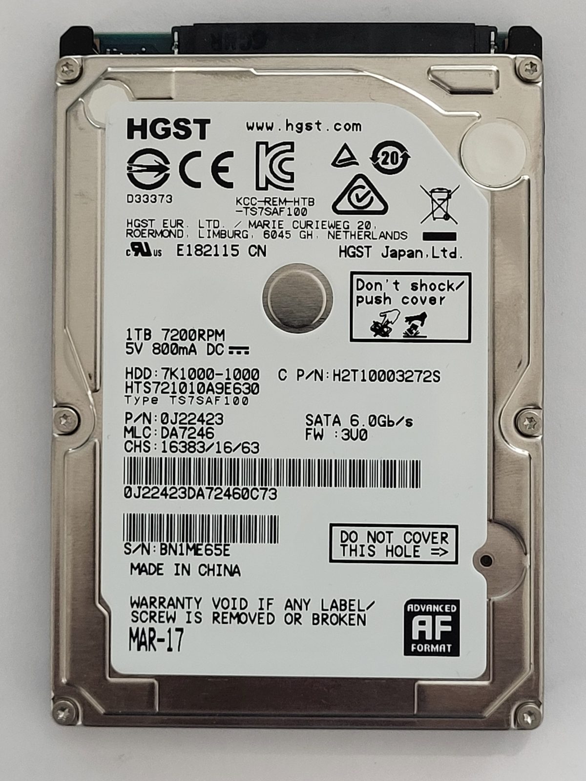 HTS721010A9E630, PN:0J22423, MLC:DA7246, MAR 17 | HGST 1To 2,5" SATA HDD STK