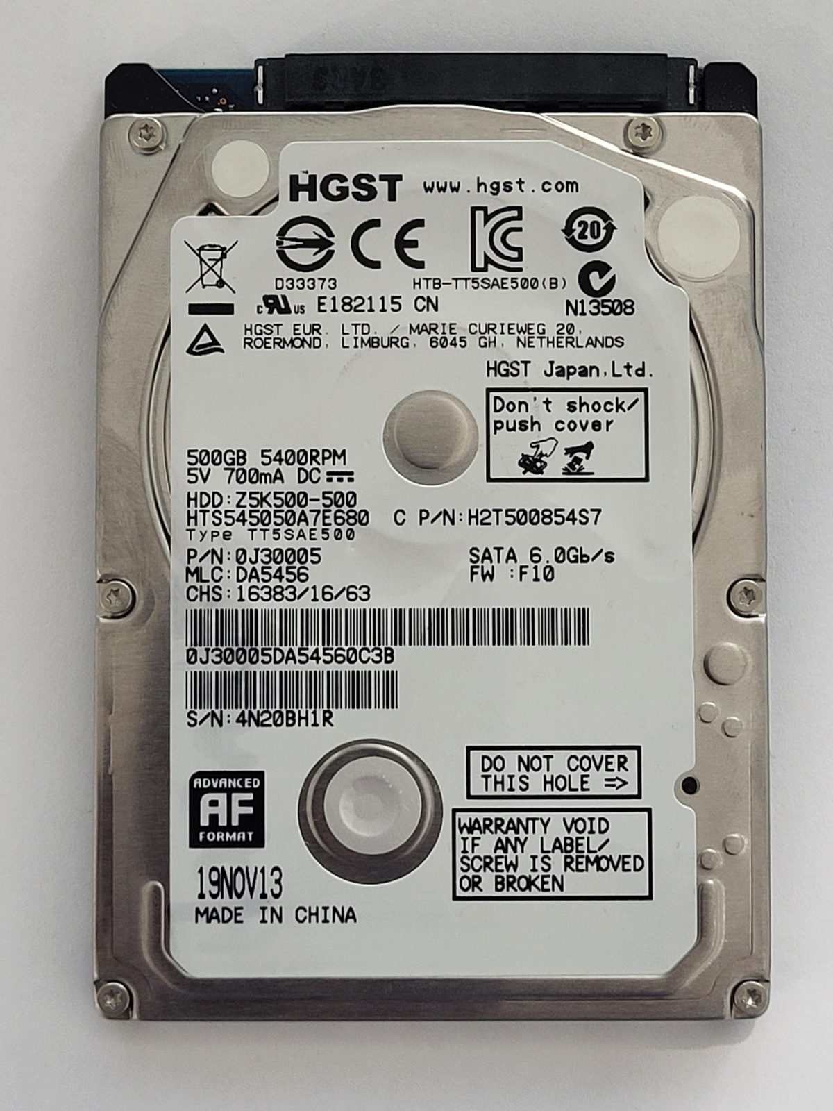HTS545050A7E680, PN:0J30005, MLC:DA5456, 19 NOV 2013 | HGST 500Go 2,5" SATA HDD STK